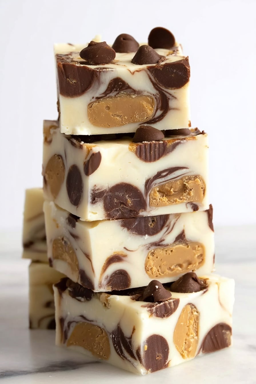 The image shows a stack of five square white chocolate fudge pieces with visible layers. Each piece has a creamy white base with a thick dark brown chocolate swirl layer running horizontally through the middle. Inside the white chocolate layers, there are embedded peanut butter cup pieces, some visible as whole halves and others partially melted into the fudge. The top piece prominently displays multiple peanut butter cup halves and round chocolate chips embedded on its surface, adding texture and depth. The stack is placed on a white marbled surface with a clean white background. photo taken with an iphone --ar 2:3 --v 7 - Moose Tracks Fudge with Peanuts and Swirls, Moose Tracks Fudge, Peanut Butter Cup Fudge, Easy Moose Tracks Fudge Recipe, Decadent Peanut Fudge