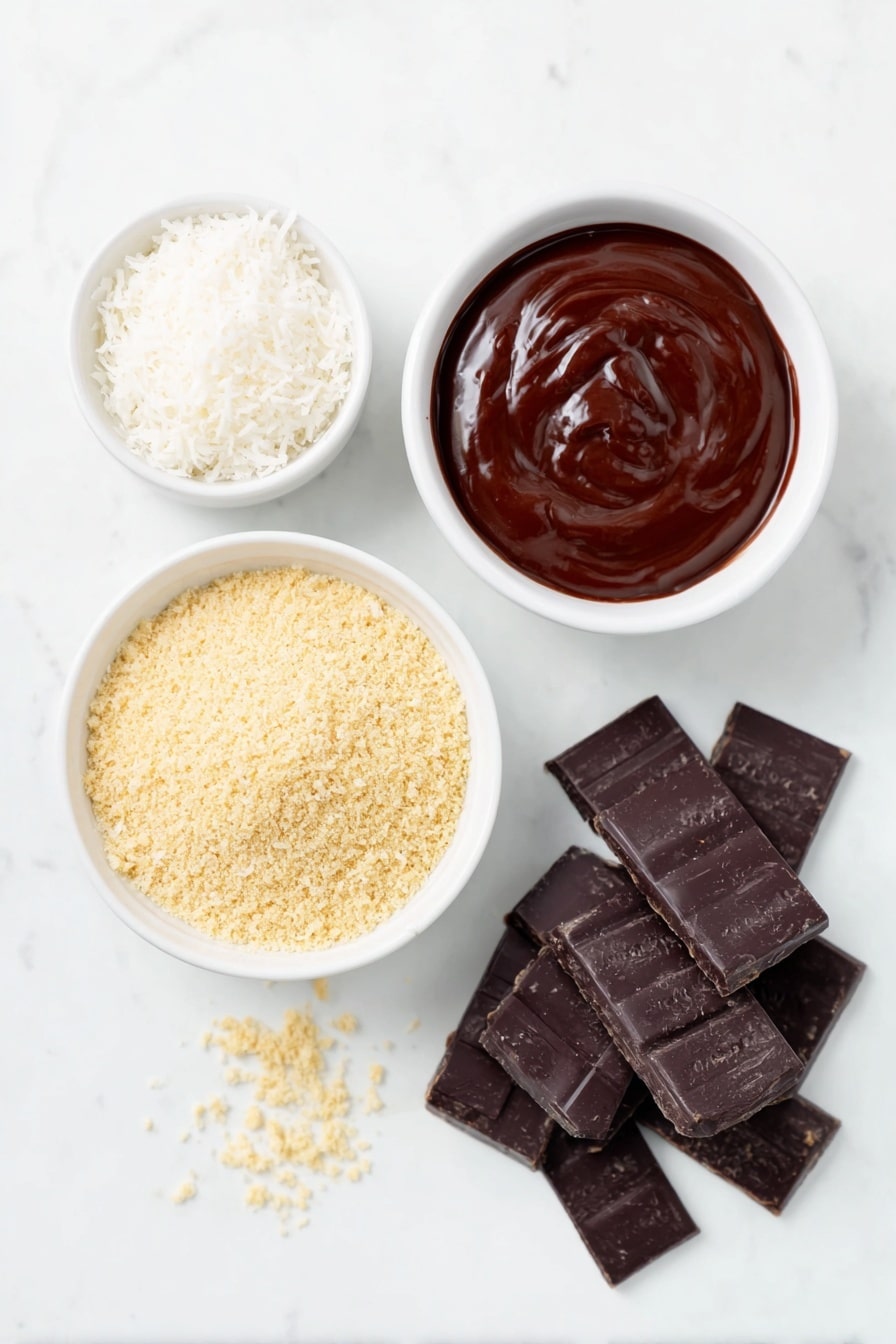 Samoa Coconut Truffles Recipe 7 Flat lay of a small mound of fresh sweetened shredded coconut, a simple white ceramic bowl filled with smooth dulce de leche caramel, a small white bowl holding thick sweetened condensed milk, a white ceramic bowl with crushed golden Nilla Wafer cookie crumbs, and a neat pile of glossy dark chocolate wafers, all arranged in perfect symmetry on a clean white marble surface, soft natural light, photo taken with an iPhone, professional food photography style, fresh ingredients, white ceramic bowls, no bottles, no duplicates, no utensils, no packaging --ar 2:3 --v 7 --p m7354615311229779997 - Samoa Coconut Truffles, Samoa Girl Scout Cookies, coconut caramel chocolate treats, no-bake coconut truffles, easiest coconut dessert