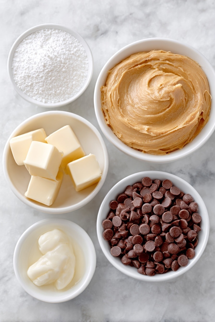 Flat lay of a smooth mound of creamy peanut butter, a few small cubes of salted butter, a simple white bowl filled with fine powdered sugar, a small white bowl heaped with glossy semi-sweet chocolate chips, and another small white bowl containing a clear dollop of vegetable shortening, all arranged in perfect symmetry on a simple white ceramic surface, placed on a clean white marble surface, soft natural light, photo taken with an iPhone, professional food photography style, fresh ingredients, white ceramic bowls, no bottles, no duplicates, no utensils, no packaging --ar 2:3 --v 7 --p m7354615311229779997 - Easy Peanut Butter Balls with Chocolate, peanut butter chocolate snacks, no-bake peanut butter treats, simple peanut butter candies, quick chocolate peanut butter bites
