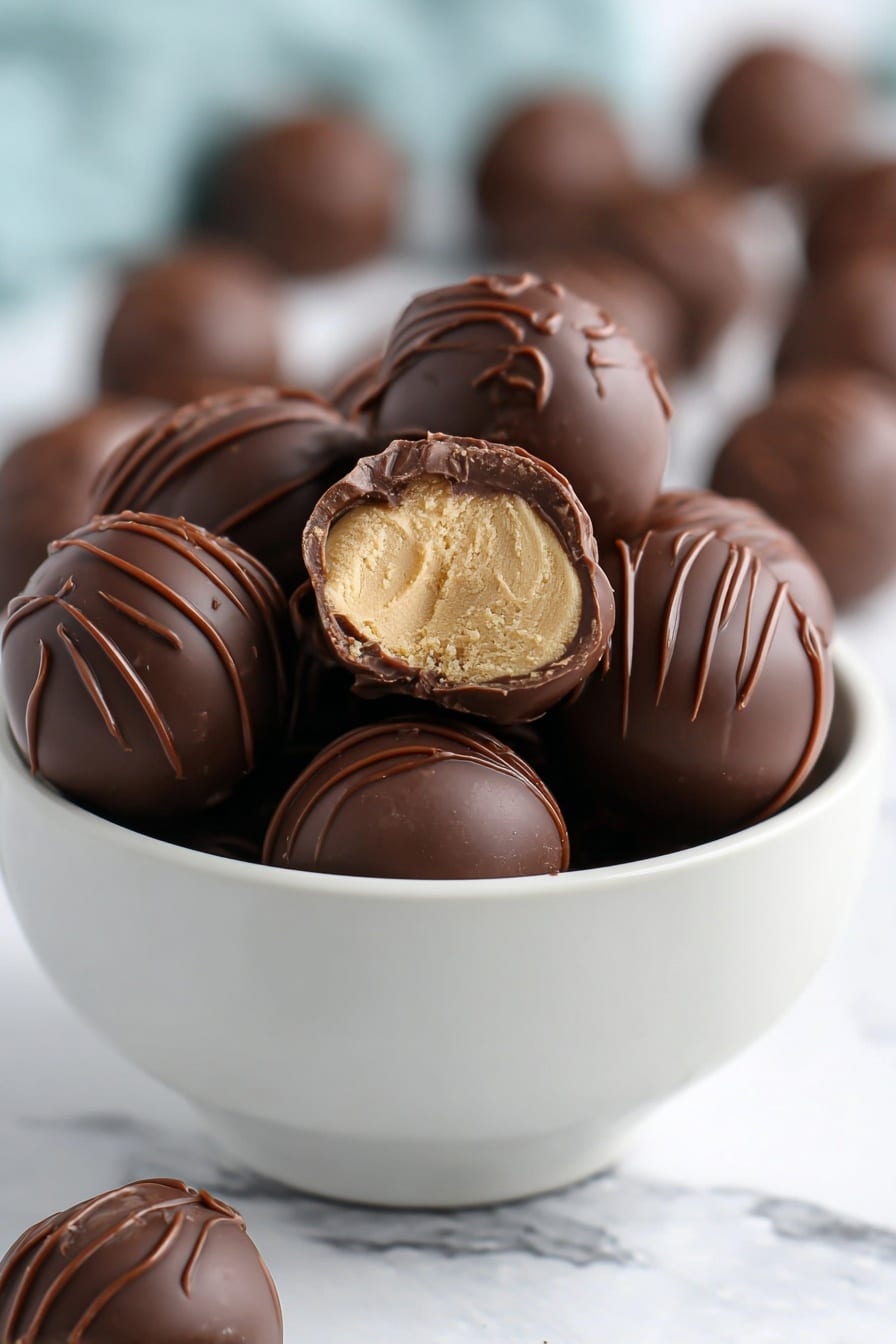 A white bowl filled with many round dark brown chocolate balls, each with smooth, shiny surfaces and thin swirled lines on top. One chocolate ball is bitten, showing a thick light beige creamy inside layer with a smooth texture. The bowl sits on a white marbled surface, with more chocolate balls blurred in the background. The focus is on the bowl and the bitten chocolate ball in the front. photo taken with an iphone --ar 2:3 --v 7 - Easy Peanut Butter Balls with Chocolate, peanut butter chocolate snacks, no-bake peanut butter treats, simple peanut butter candies, quick chocolate peanut butter bites