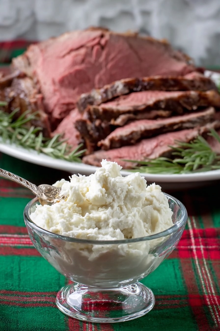 The image shows a clear glass bowl filled with a white, fluffy texture topped with a silver spoon, placed on a green tartan cloth with red and white lines. Behind the bowl, there is a white plate filled with thick slices of medium-cooked reddish-brown meat with visible layers of tender pink inside. Some sprigs of green herbs are placed near the meat on the plate. The backdrop has a white marbled texture. Photo taken with an iphone --ar 2:3 --v 7 - Perfect Prime Rib Roast, prime rib roast recipe, juicy prime rib, show-stopping centerpiece, easy prime rib cooking