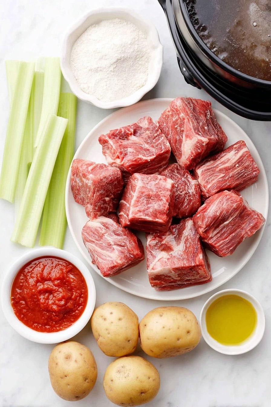 Hawaiian Beef Stew Recipe 7 Flat lay of fresh raw beef chuck cubes, two crisp celery stalks sliced, four peeled and cut carrots in chunks, three yellow onions quartered, three cubed Yukon Gold potatoes, a small mound of pale all-purpose flour on a simple white ceramic plate, a small white bowl of rich olive oil, a small white bowl of bright red tomato paste, a small white bowl of smooth tomato sauce, a small white bowl of dark soy sauce, a small white bowl of glossy Worcestershire sauce, a small white bowl of beef stock, placed on a clean white marble surface, soft natural light, photo taken with an iPhone, professional food photography style, fresh ingredients, white ceramic bowls, no bottles, no duplicates, no utensils, no packaging --ar 2:3 --v 7 --p m7354615311229779997 - Hawaiian Beef Stew, Hawaiian Beef Stew Recipe, Hawaiian Beef Stew, Hawaiian Stew with Beef, Hawaiian Beef Stew Flavor