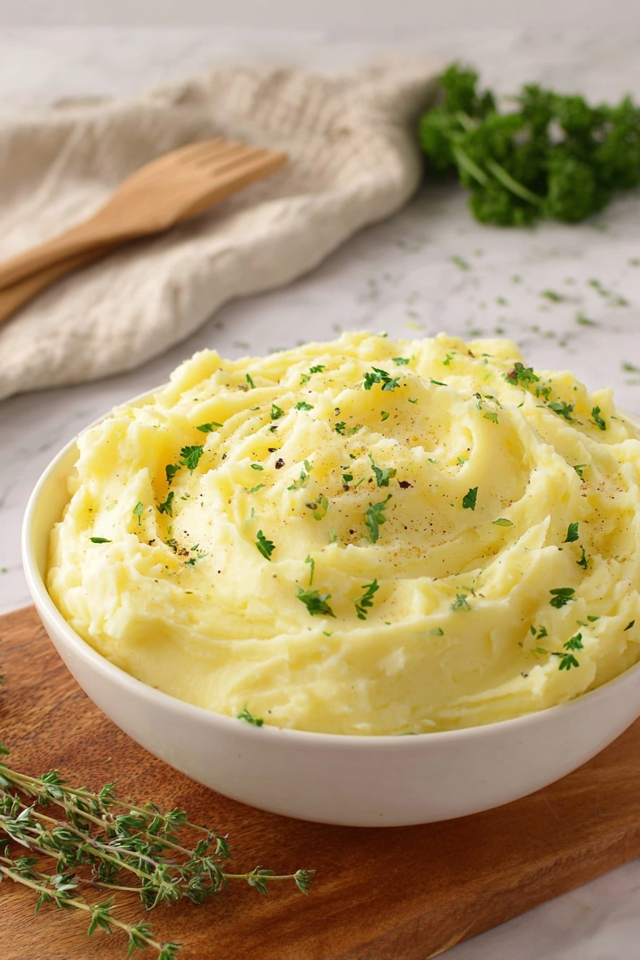 A white bowl filled with light yellow mashed potatoes, shaped with soft peaks and swirls on the surface. The top is sprinkled with small green parsley leaves and tiny black pepper specks. The bowl is placed on a wooden board, with fresh green herbs and a beige cloth with a wooden spatula in the blurry background, all set on a white marbled surface. Photo taken with an iphone --ar 2:3 --v 7 - Garlic Herb Mashed Potatoes, creamy garlic mashed potatoes, herb mashed potatoes, holiday mashed potato side, easy mashed potato recipe