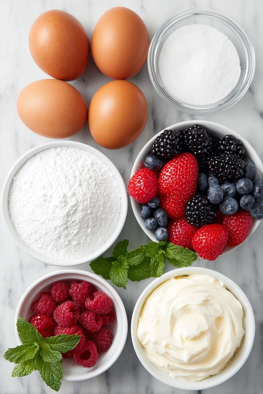 Flat lay of six extra-large whole brown eggs with clean shells, a small white bowl of finely sifted icing sugar, a small white bowl of white cornstarch powder, a small white bowl of clear vanilla extract, a small white bowl of fresh heavy cream, a bunch of mixed fresh berries including strawberries, blueberries, and raspberries, and a few sprigs of fresh green mint leaves, all arranged in perfect symmetry on simple white ceramic bowls, placed on a clean white marble surface, soft natural light, photo taken with an iPhone, professional food photography style, fresh ingredients, white ceramic bowls, no bottles, no duplicates, no utensils, no packaging --ar 2:3 --v 7 --p m7354615311229779997 - Pull Apart Pavlova Wreath with Fresh Fruit, Pavlova wreath with fresh fruit, festive pavlova dessert, holidays fruit pavlova, easy pavlova presentation
