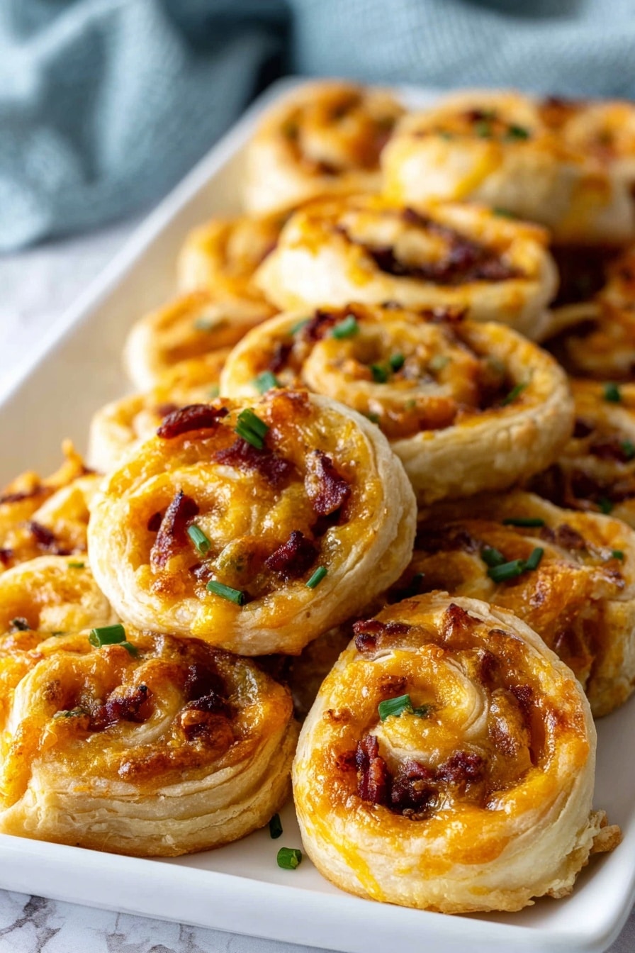 The image shows a white rectangular plate filled with small round puff pastry pinwheels arranged in rows. Each pinwheel has three visible layers: a flaky, golden-brown outer dough swirl, a bright orange melted cheese layer in the middle, and small pieces of dark red meat scattered on top of the cheese. Tiny green chive pieces are sprinkled over the pinwheels and plate, adding contrast. The background features a white marbled texture with a soft blue cloth slightly blurred in the far back. The pinwheels look crispy and warm, with the cheese bubbling in places. photo taken with an iphone --ar 2:3 --v 7 - Salami and Cheese Puff Pastry Pinwheels, savory puff pastry appetizers, easy party snacks, flaky salami cheese bites, quick puff pastry recipes