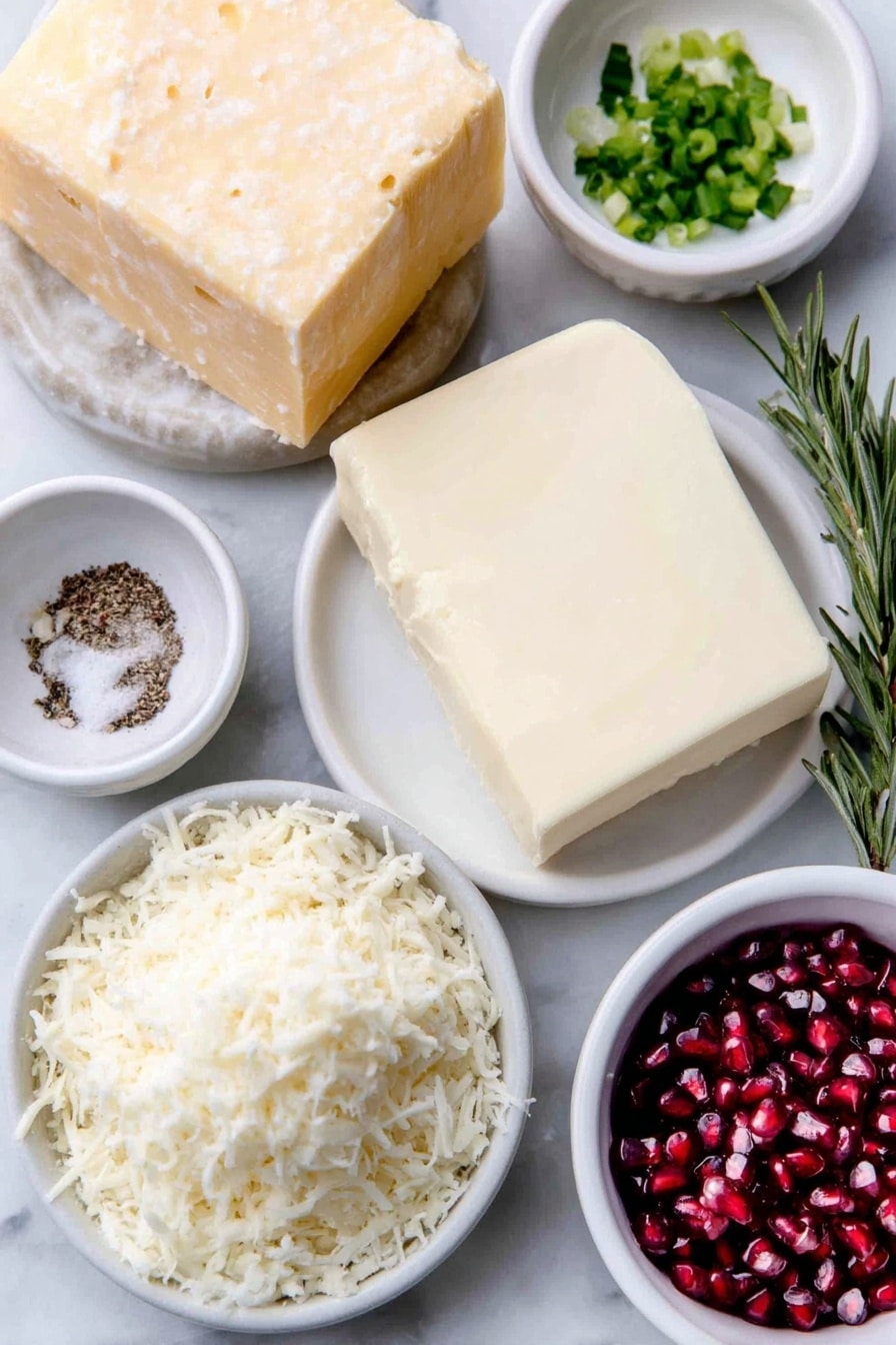 Flat lay of a small mound of softened salted butter, a chunk of cream cheese with a smooth surface, a fresh block of white cheddar next to a pile of freshly shredded white cheddar, a small white bowl filled with minced garlic, a small white bowl of chopped green onions, a small white bowl of ground black pepper, a small white bowl brimming with bright red fresh pomegranate arils, a single unwrapped Rolo candy, and a fresh sprig of rosemary all arranged in perfect symmetry on simple white ceramic dishes and bowls, placed on a clean white marble surface, soft natural light, photo taken with an iPhone, professional food photography style, fresh ingredients, white ceramic bowls, no bottles, no duplicates, no utensils, no packaging --ar 2:3 --v 7 --p m7354615311229779997 - Pomegranate Christmas Cheese Ball, festive cheese ball, holiday cheese appetizer, easy Christmas cheese dip, holiday party finger food