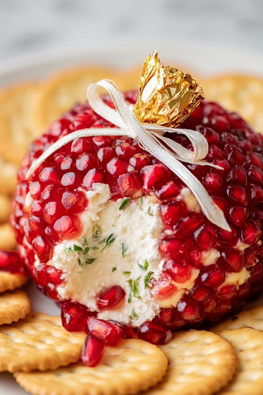 The image shows a round cheese ball covered fully with bright red pomegranate seeds, giving it a shiny and textured look. On top, there is a small gold foil-wrapped piece tied with a white ribbon bow. Beside the gold piece, a sprig of fresh green rosemary lies on the pomegranate seed layer. The cheese ball is placed on a white plate with some crackers arranged around it. The background features a white marbled texture. photo taken with an iphone --ar 2:3 --v 7 - Pomegranate Christmas Cheese Ball, festive cheese ball, holiday cheese appetizer, easy Christmas cheese dip, holiday party finger food