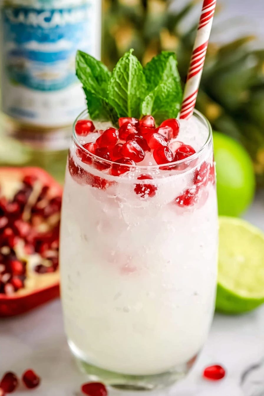 A clear glass filled with a white drink and large ice cubes, topped with bright red pomegranate seeds scattered on the surface. There is a green mint leaf standing tall at the back inside the glass, and a white and red striped straw placed next to the mint. The background shows a blurred bottle with the label visible, a green pomegranate plant, and a sliced lime on a white marbled surface. The colors are vibrant with the contrast of white, red, green, and the drink's smooth texture. photo taken with an iphone --ar 2:3 --v 7 - Creamy White Christmas Mojito, festive holiday cocktail, coconut mojito, holiday cocktail recipes, winter drinks