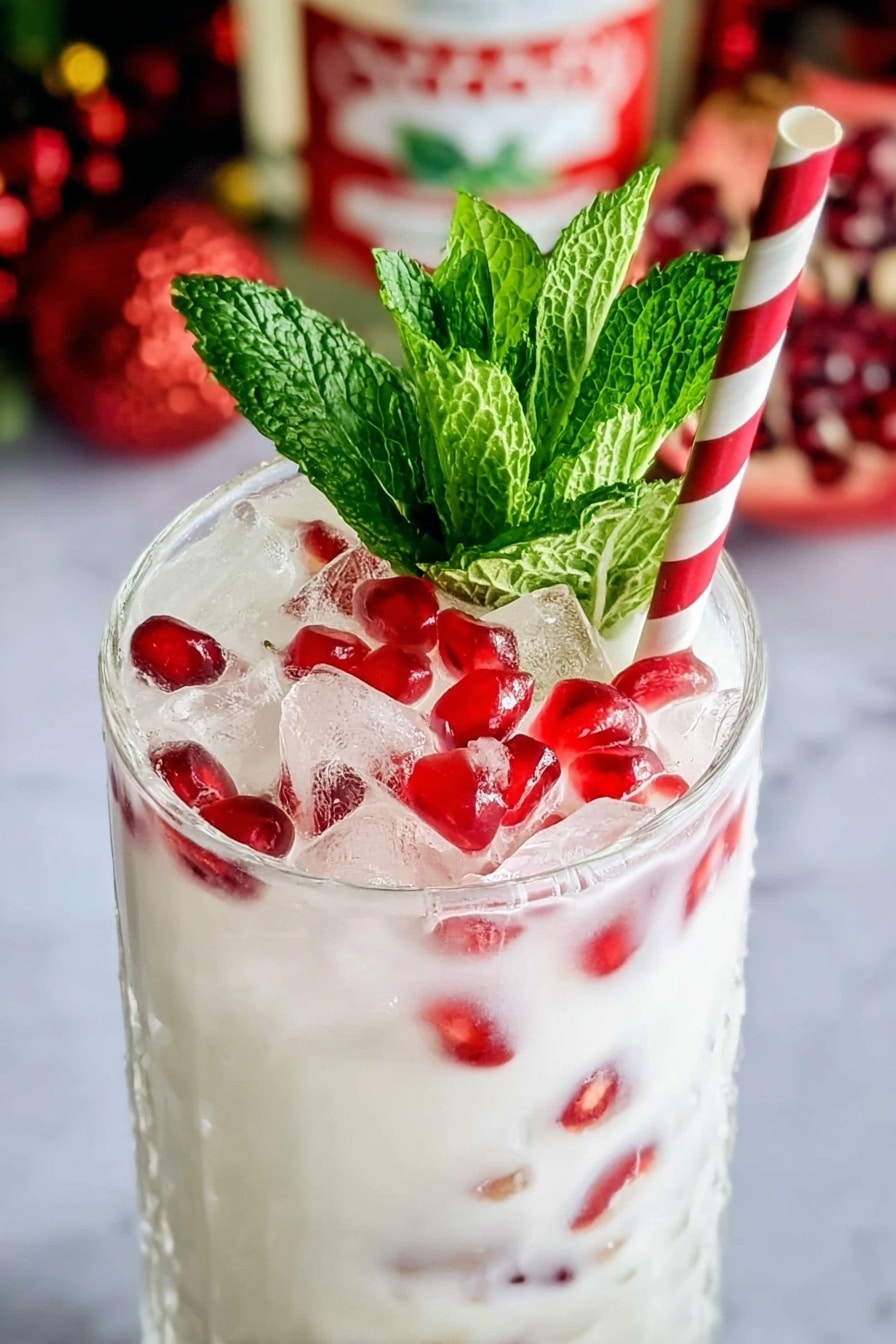 A tall clear glass filled with white creamy liquid as the main layer, with large clear ice cubes visible inside. Scattered bright red pomegranate seeds float on top, adding a pop of color. A fresh sprig of green mint leaves stands upright at the back of the glass. A red and white striped paper straw leans against the mint from the right side. The background shows blurred elements including a bottle and festive decorations against a white marbled texture photo taken with an iphone --ar 2:3 --v 7 - Creamy White Christmas Mojito, festive holiday cocktail, coconut mojito, holiday cocktail recipes, winter drinks