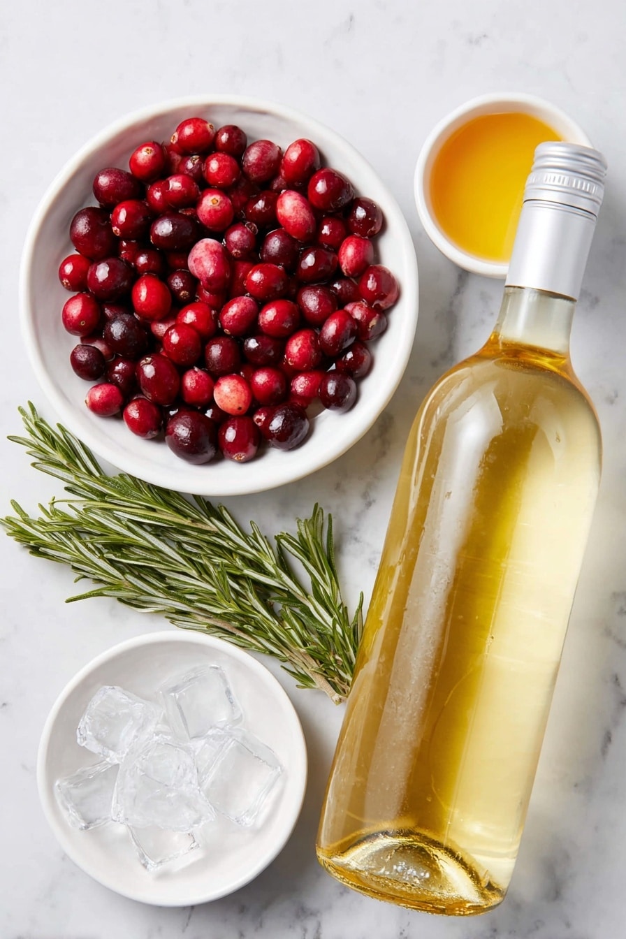 Flat lay of fresh whole cranberries scattered naturally, six vibrant sprigs of fresh green rosemary neatly arranged, a small white ceramic bowl filled with bright red cranberry juice, a small white ceramic bowl with golden apple juice, a few clear ice cubes, and a whole unopened bottle of chilled champagne with foil and cork removed (to show freshness) — all placed symmetrically on a simple white ceramic plate and small white bowls, placed on a clean white marble surface, soft natural light, photo taken with an iPhone, professional food photography style, fresh ingredients, white ceramic bowls, no bottles, no duplicates, no utensils, no packaging --ar 2:3 --v 7 --p m7354615311229779997 - Cranberry Mistletoe Mimosas with Rosemary, festive holiday mimosa, cranberry cocktail recipe, holiday brunch drinks, winter champagne cocktail