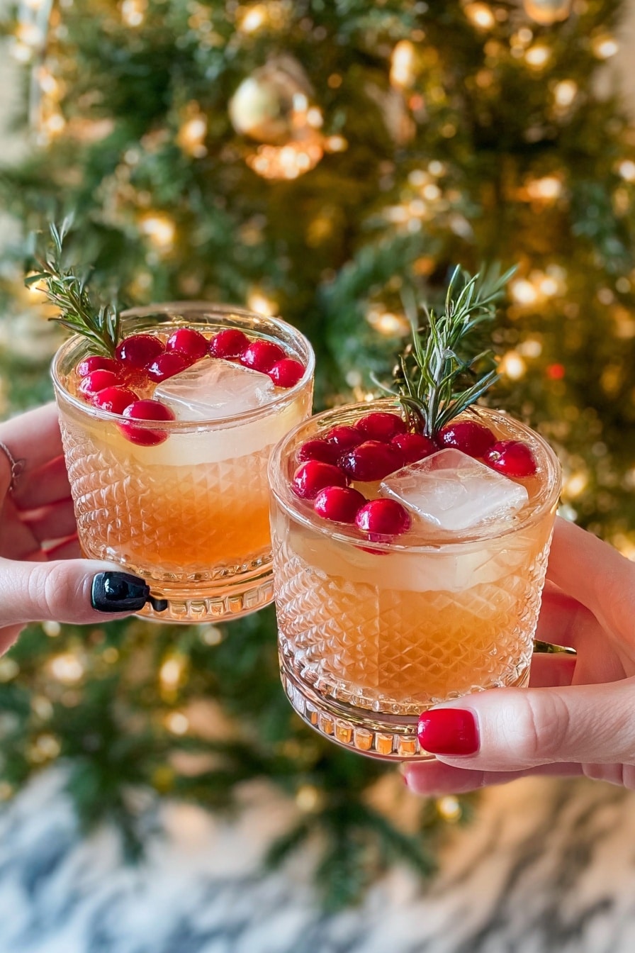 Two clear glass cocktail glasses hold a light amber liquid. Each glass has a floating clear ice cube topped with bright red cranberries and a small green rosemary sprig. The glasses have a textured pattern on their base and are held by two different woman's hands, one with black and red painted nails. In the background, there is a large green Christmas tree with warm white lights. The scene is set against a white marbled surface. photo taken with an iphone --ar 2:3 --v 7 - Cranberry Mistletoe Mimosas with Rosemary, festive holiday mimosa, cranberry cocktail recipe, holiday brunch drinks, winter champagne cocktail