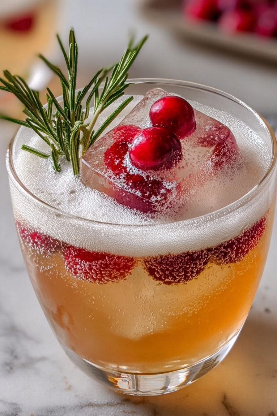 A glass filled with a light amber bubbly liquid forms the base layer, topped by a thick white foam layer that covers most of the drink's surface. Floating in the center is a clear ice cube with bright red cranberries inside and on top, garnished with a small sprig of dark green rosemary. One single cranberry sits just above the foam close to the glass edge. The glass has a smooth, clear texture with a rounded rim, all positioned on a white marbled surface. Photo taken with an iphone --ar 2:3 --v 7 - Cranberry Mistletoe Mimosas with Rosemary, festive holiday mimosa, cranberry cocktail recipe, holiday brunch drinks, winter champagne cocktail