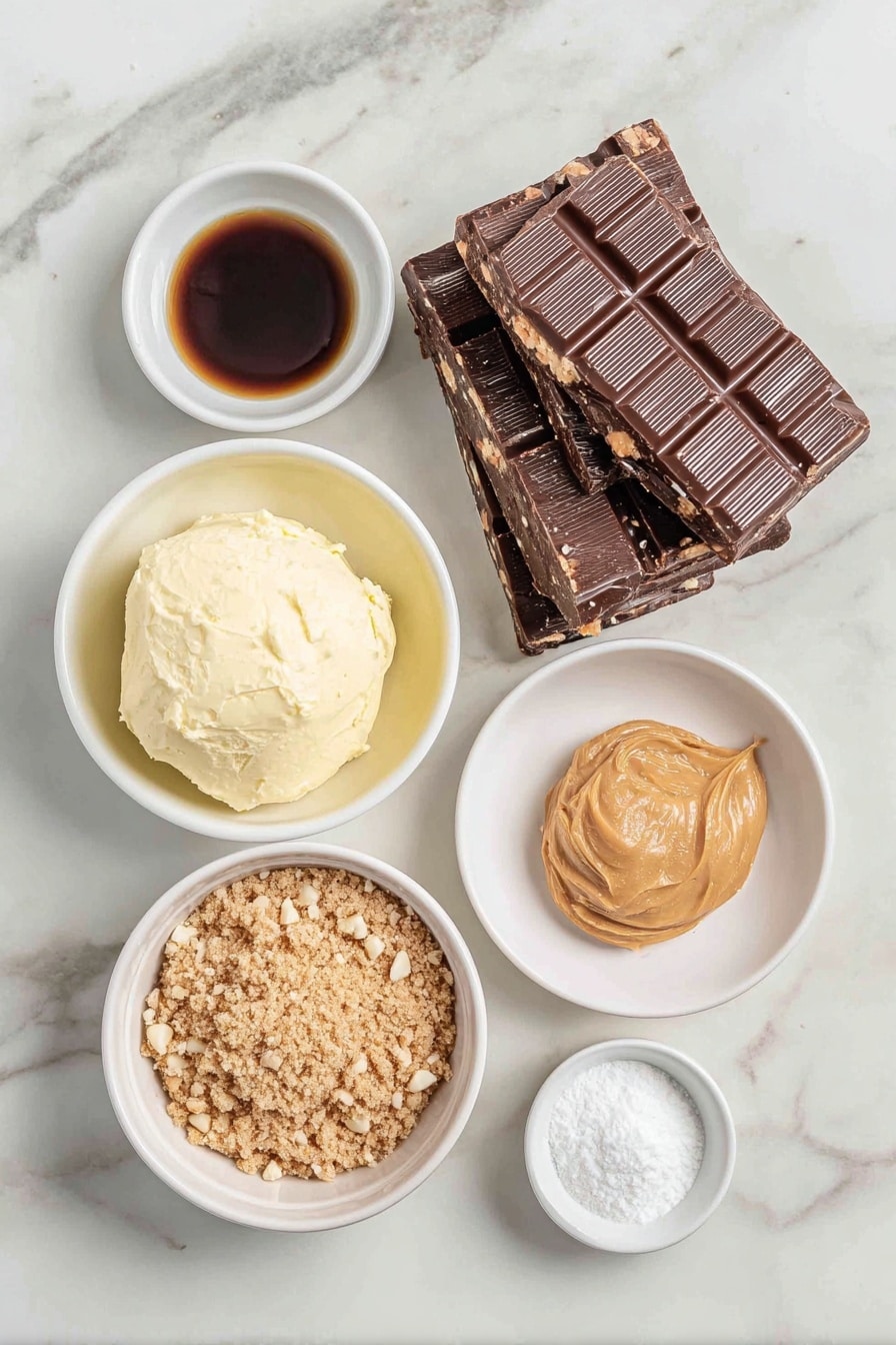 Flat lay of a small mound of softened butter, a small white bowl of vanilla extract, a simple white bowl filled with glossy dark chocolate bark pieces, a small white bowl containing crushed Butterfinger bars with golden caramel and peanuts visible, a small white bowl of fine powdered sugar, a smooth dollop of creamy peanut butter on a white ceramic plate, a small white bowl holding light brown graham cracker crumbs, all arranged in perfect symmetry on a clean white marble surface, soft natural light, photo taken with an iPhone, professional food photography style, fresh ingredients, white ceramic bowls, no bottles, no duplicates, no utensils, no packaging --ar 2:3 --v 7 --p m7354615311229779997 - Chocolate Peanut Butter Butterfinger Balls, no-bake chocolate peanut butter treats, easy peanut butter dessert bites, homemade Butterfinger candy balls, quick chocolate peanut butter snacks