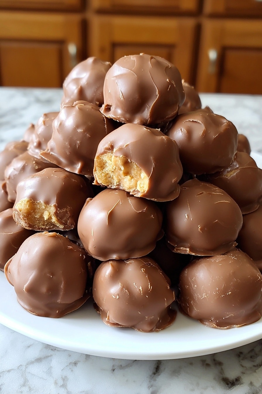 A white plate filled with many small round treats covered in smooth milk chocolate. Each treat has a rough, slightly bumpy surface with a few small creases and cracks on top. Some have a bit of the inside showing at the bottom, revealing a light golden center that looks crumbly and soft. The treats are stacked close together, creating a small pyramid shape. The plate sits on a white marbled surface with a background showing wooden cabinets. The photo taken with an iphone --ar 2:3 --v 7 - Chocolate Peanut Butter Butterfinger Balls, no-bake chocolate peanut butter treats, easy peanut butter dessert bites, homemade Butterfinger candy balls, quick chocolate peanut butter snacks