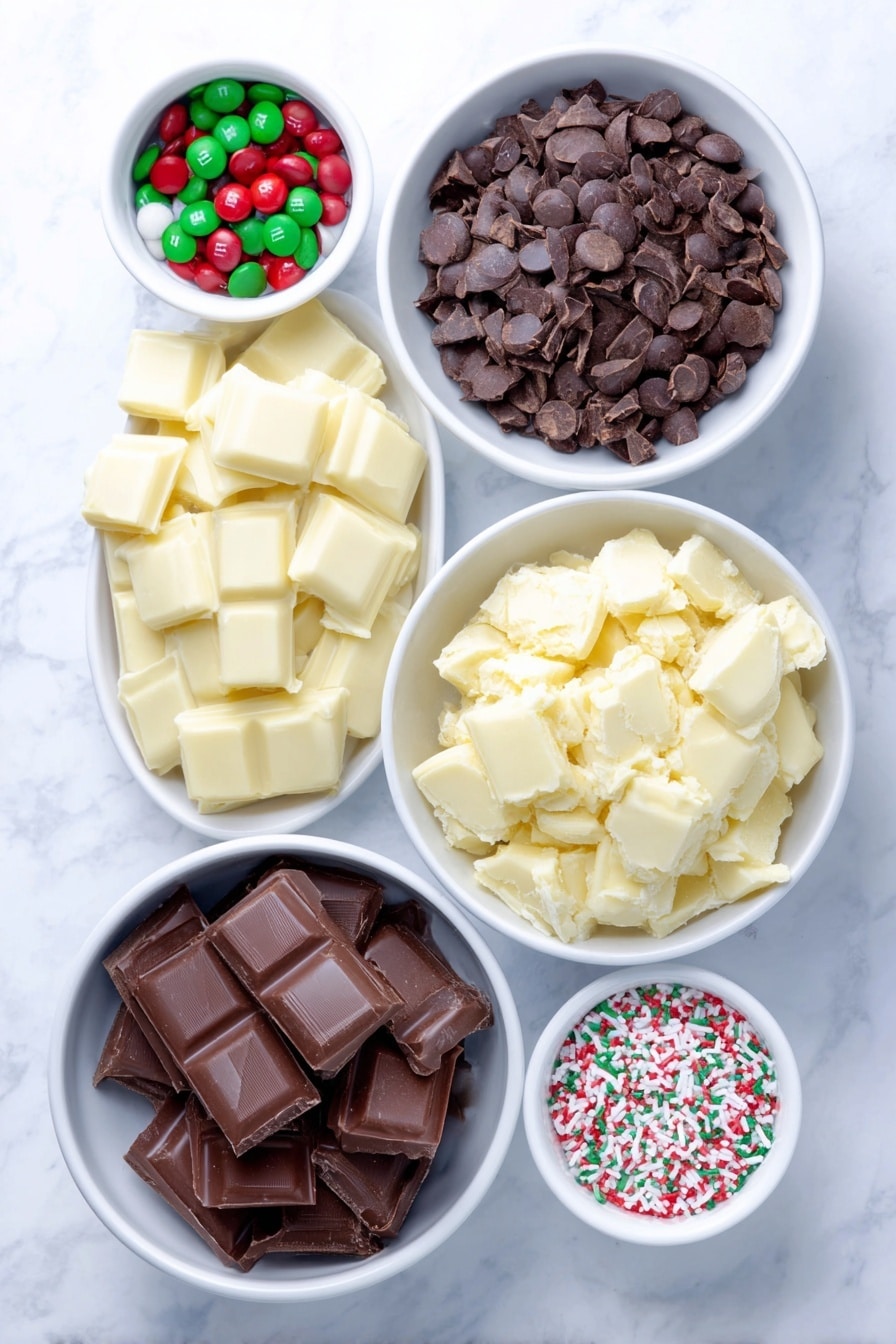 Festive Christmas M&M's Chocolate Bark Recipe 7 Flat lay of dark chocolate melting wafers broken into chunks, white chocolate melting wafers in irregular pieces, a small white ceramic bowl filled with colorful Christmas-themed M&M's, a small white ceramic bowl of red, green, and white Christmas sprinkles and nonpareils, all arranged symmetrically on a clean white marble surface, soft natural light, photo taken with an iPhone, professional food photography style, fresh ingredients, white ceramic bowls, no bottles, no duplicates, no utensils, no packaging --ar 2:3 --v 7 --p m7354615311229779997 - Festive Christmas M&M's Chocolate Bark, Christmas chocolate bark, holiday treat recipes, easy holiday desserts, colorful Christmas candy bark