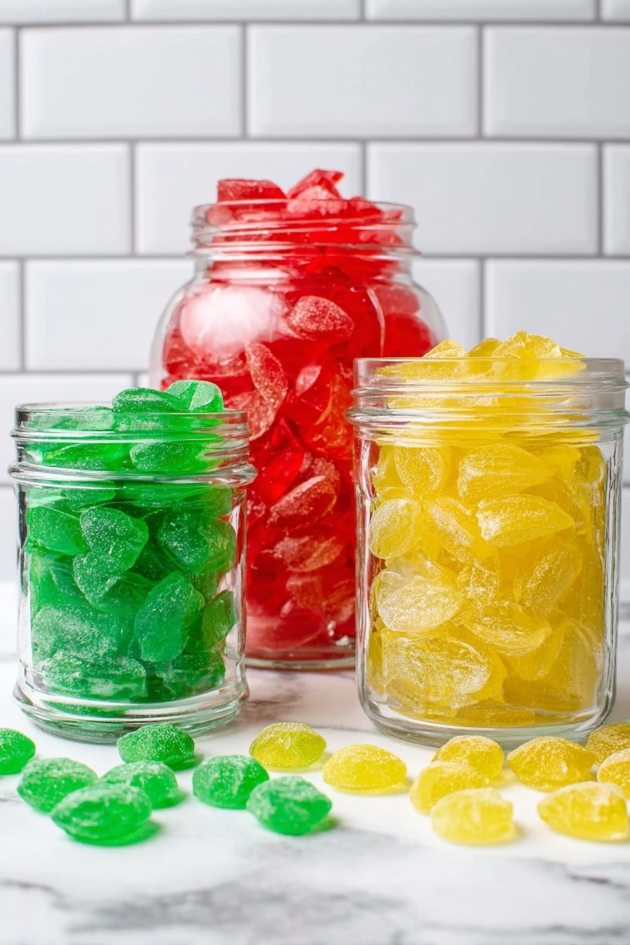 The image shows three clear glass jars filled with colorful candy shards placed on a white marbled surface. The left jar contains green candy pieces that have a translucent, rough texture and are piled just above the jar’s rim, with some pieces spilled in front. The middle jar is taller and filled with bright red, jagged candy shards that are stacked up high, overflowing slightly onto the surface. The right jar holds yellow candy shards, similar in size and shape to the others, with some pieces also scattered in front of the jar. The background has a white tiled wall with square patterns, and there is a light blue cloth partially visible behind the left jar. Photo taken with an iphone --ar 2:3 --v 7 - Homemade Hard Candy, easy candy making, best hard candy recipe, glass-like candies, customizable candy flavors