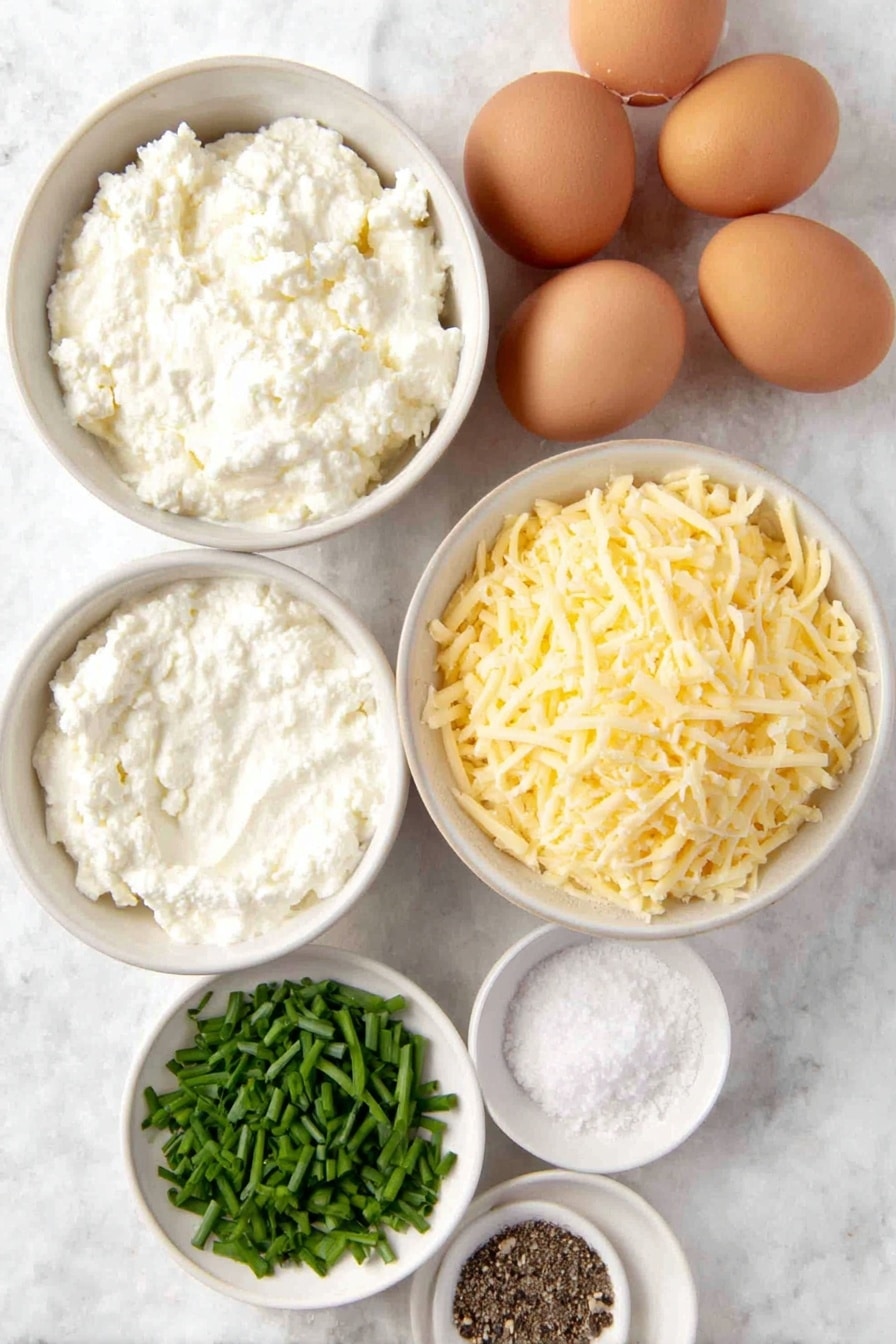 Flat lay of eight whole uncracked brown eggs, a small white ceramic bowl of fresh creamy cottage cheese, a small white ceramic bowl filled with shredded sharp cheddar cheese, a small white ceramic bowl holding fine white salt, a small white ceramic bowl with fresh cracked black pepper, and a small pile of roughly chopped bright green fresh chives arranged neatly, placed on a clean white marble surface, soft natural light, photo taken with an iPhone, professional food photography style, fresh ingredients, white ceramic bowls, no bottles, no duplicates, no utensils, no packaging --ar 2:3 --v 7 --p m7354615311229779997 - Baked Egg Bites with Cheddar and Chives, tasty breakfast ideas, easy egg recipe, healthy brunch recipes, make-ahead egg bites