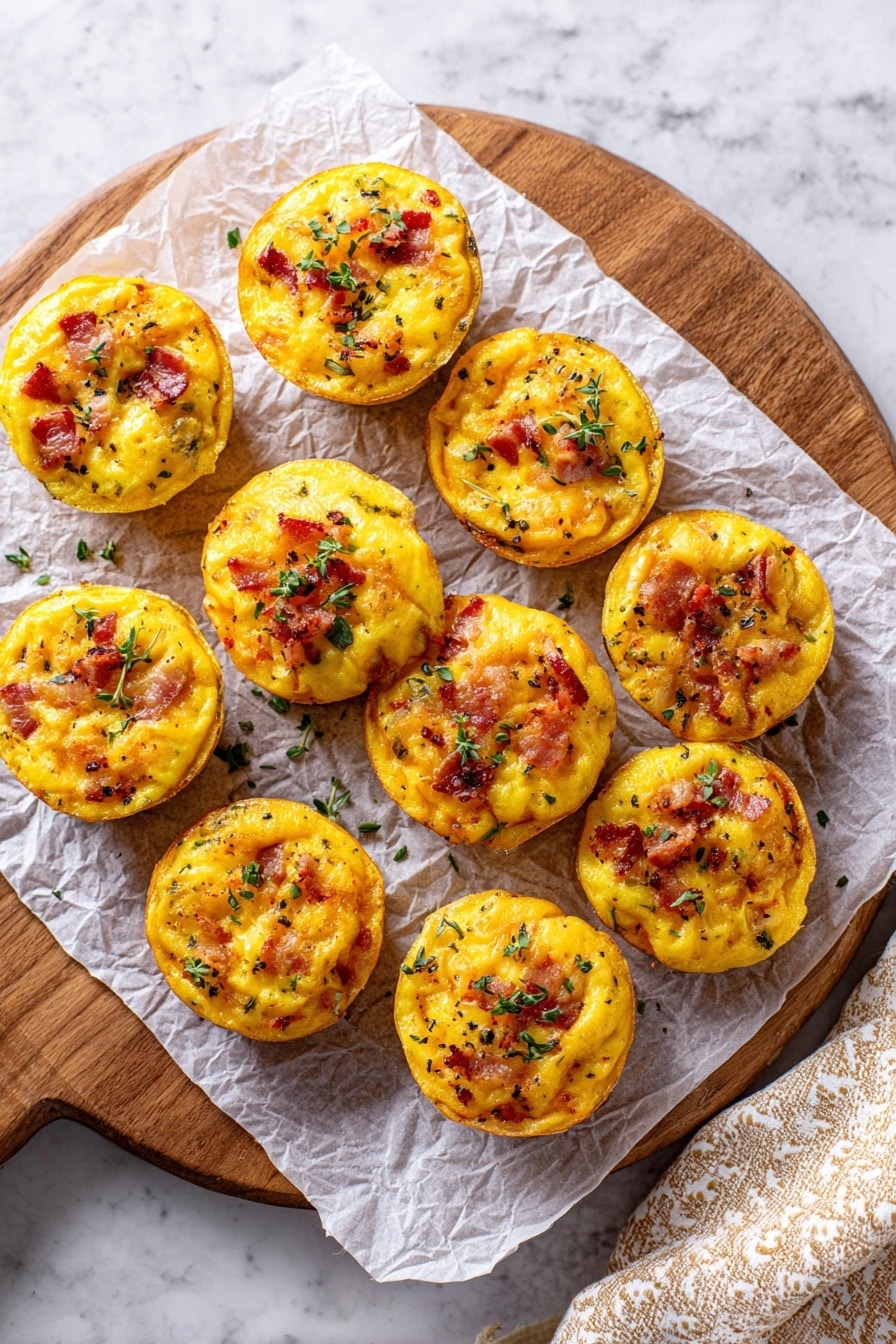 The image shows a group of ten small round egg muffins arranged on crinkled white parchment paper, which lies on a wooden board. Each muffin has a bright yellow top with small red pieces of bacon mixed inside and slightly browned edges. Small green herb pieces are sprinkled on top and around the muffins. The muffins have a soft and slightly shiny texture, and the wooden board contrasts with the white marbled surface underneath. A beige and white patterned cloth is partly visible on the right side. Photo taken with an iphone --ar 2:3 --v 7 - Homemade Egg Bites with Veggies and Cheese, healthy egg bites recipe, easy breakfast egg bites, veggie egg bites, cheesy egg bites