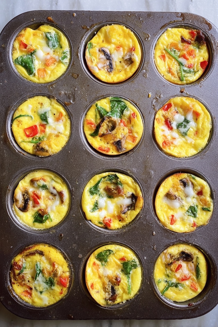 A muffin tin holds 12 mini egg frittatas, each filled with bright yellow cooked egg mixed with small visible pieces of red bell pepper, green spinach leaves, browned bits of cooked mushroom, and white melted cheese scattered on top. The frittatas have a slightly glossy, soft texture with some parts looking fluffier and others showing the slightly crisp, browned edges of the fillings. The muffin tin is a dark metal and shows signs of use and slight browning around each cup. The whole scene is set on a white marbled surface. photo taken with an iphone --ar 2:3 --v 7 - Creamy Greek Yogurt Egg Bites, healthy breakfast ideas, protein-packed egg bites, easy make-ahead breakfast, fluffy baked egg bites
