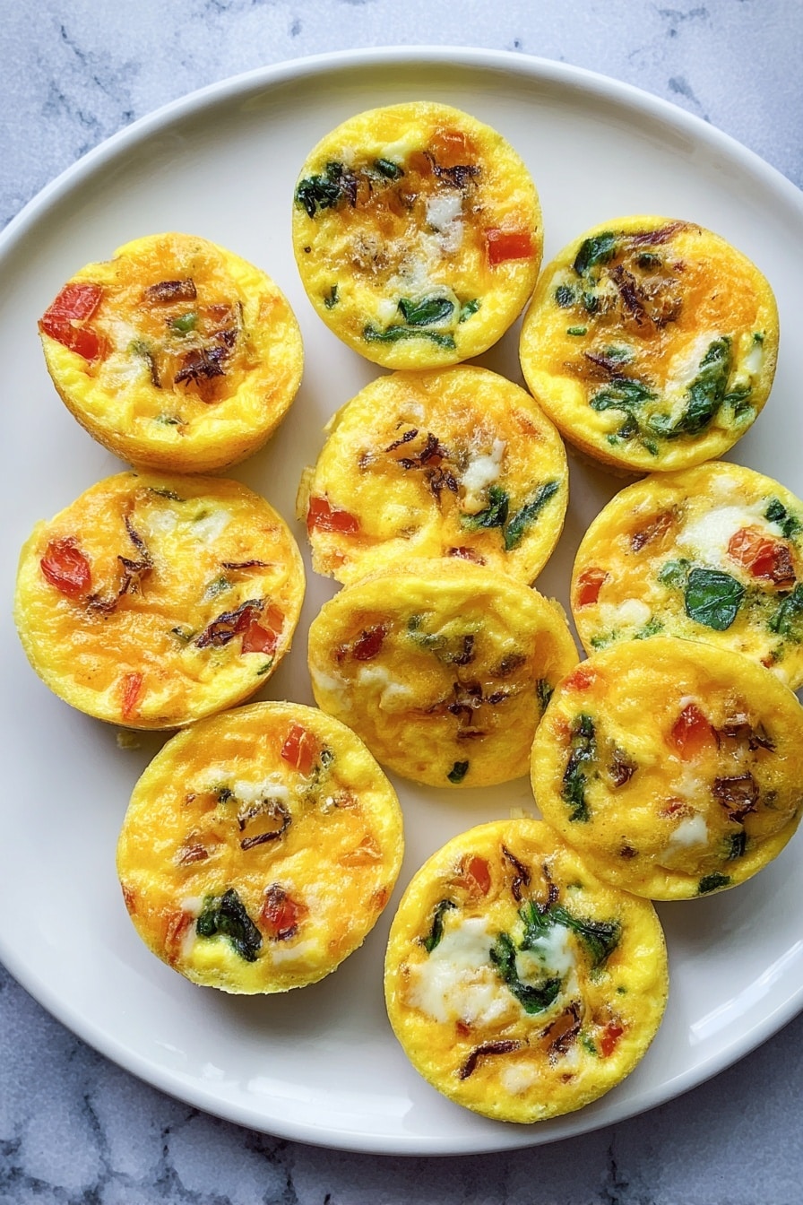 A white round plate with ten small, round egg muffins arranged in a loose circle. Each muffin has a bright yellow top layer with visible bits of red tomato, green spinach, and browned caramelized onions mixed throughout. The surface of the muffins looks slightly shiny and soft, with some white melted cheese patches melted into the yellow egg base. The plate is placed on a white marbled texture. Photo taken with an iphone --ar 2:3 --v 7 - Creamy Greek Yogurt Egg Bites, healthy breakfast ideas, protein-packed egg bites, easy make-ahead breakfast, fluffy baked egg bites