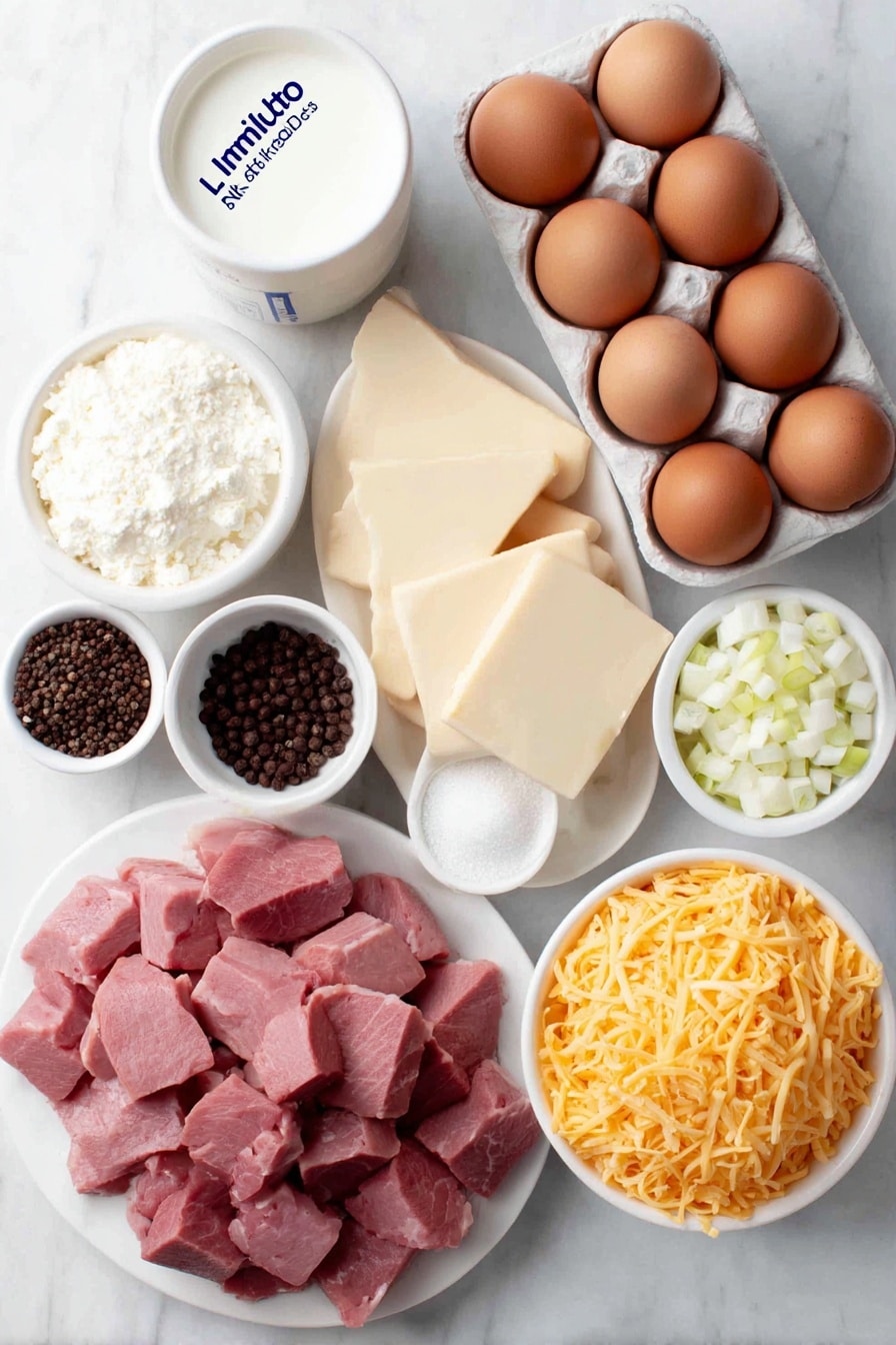 Flat lay of a dozen whole uncracked brown eggs, a small white ceramic bowl of skim milk, a small white ceramic bowl of fine salt, a small white ceramic bowl of whole black peppercorns, a small white ceramic bowl of garlic powder, a simple heap of bright orange shredded cheddar cheese, a pile of fresh pink ham steak cubes, and a small bunch of thinly sliced green onions, all arranged with perfect symmetry on a clean white marble surface, soft natural light, photo taken with an iPhone, professional food photography style, fresh ingredients, white ceramic bowls, no bottles, no duplicates, no utensils, no packaging --ar 2:3 --v 7 --p m7354615311229779997 - Ham and Cheese Egg Muffins, Breakfast Egg Muffins, Quick Breakfast Recipes, Protein-Packed Breakfasts, Easy Egg Muffin Cups