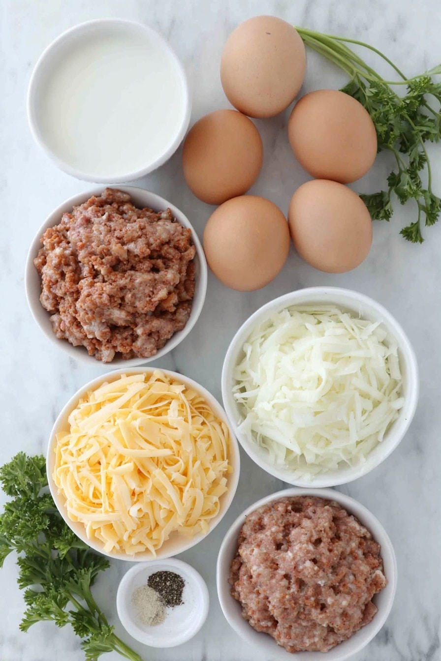 Flat lay of three whole brown eggs with clean shells, a small white ceramic bowl of fresh milk, a small white ceramic bowl of frozen hash browns, a small white ceramic bowl of crumbled spicy sausage, a small white ceramic bowl of chopped white onion, a small white ceramic bowl of shredded sharp cheddar cheese, a small white ceramic bowl with mixed salt and black pepper, and a few sprigs of fresh green parsley placed artfully around the bowls, all arranged with perfect symmetry, placed on a clean white marble surface, soft natural light, photo taken with an iPhone, professional food photography style, fresh ingredients, white ceramic bowls, no bottles, no duplicates, no utensils, no packaging --ar 2:3 --v 7 --p m7354615311229779997 - Spicy Sausage Egg Muffins, breakfast egg muffins, savory breakfast bites, quick morning breakfast, meal prep egg muffins