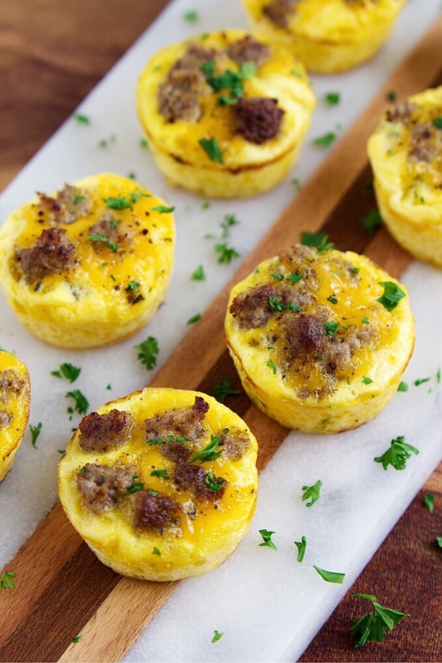 The image shows small round egg muffins on a white marbled surface. Each muffin has two main layers: a soft, fluffy yellow egg base with some melted cheese, and small brown sausage pieces scattered on top. There are small green parsley leaves sprinkled over the muffins and the surface. The muffins are arranged closely in rows on a wooden board with light and dark stripes. Some sausage bits and parsley pieces are scattered around the board. photo taken with an iphone --ar 2:3 --v 7 - Spicy Sausage Egg Muffins, breakfast egg muffins, savory breakfast bites, quick morning breakfast, meal prep egg muffins