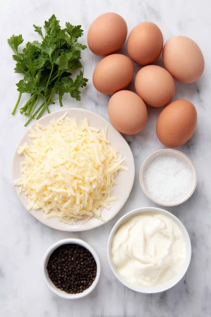 Flat lay of twelve whole large brown eggs with clean shells, a small mound of finely shredded Parmesan cheese on a simple white ceramic plate, a small white ceramic bowl filled with fresh heavy cream, a small white ceramic bowl containing coarse sea salt, a small white ceramic bowl of freshly cracked black peppercorns, and a few fresh sprigs of vibrant green parsley placed symmetrically, all arranged neatly on a clean white marble surface, soft natural light, photo taken with an iPhone, professional food photography style, fresh ingredients, white ceramic bowls, no bottles, no duplicates, no utensils, no packaging --ar 2:3 --v 7 --p m7354615311229779997 - Baked Egg Cups with Parmesan, Egg Cups with Parmesan, Egg Breakfast Bites, Easy Baked Egg Recipes, Healthy Breakfast Ideas