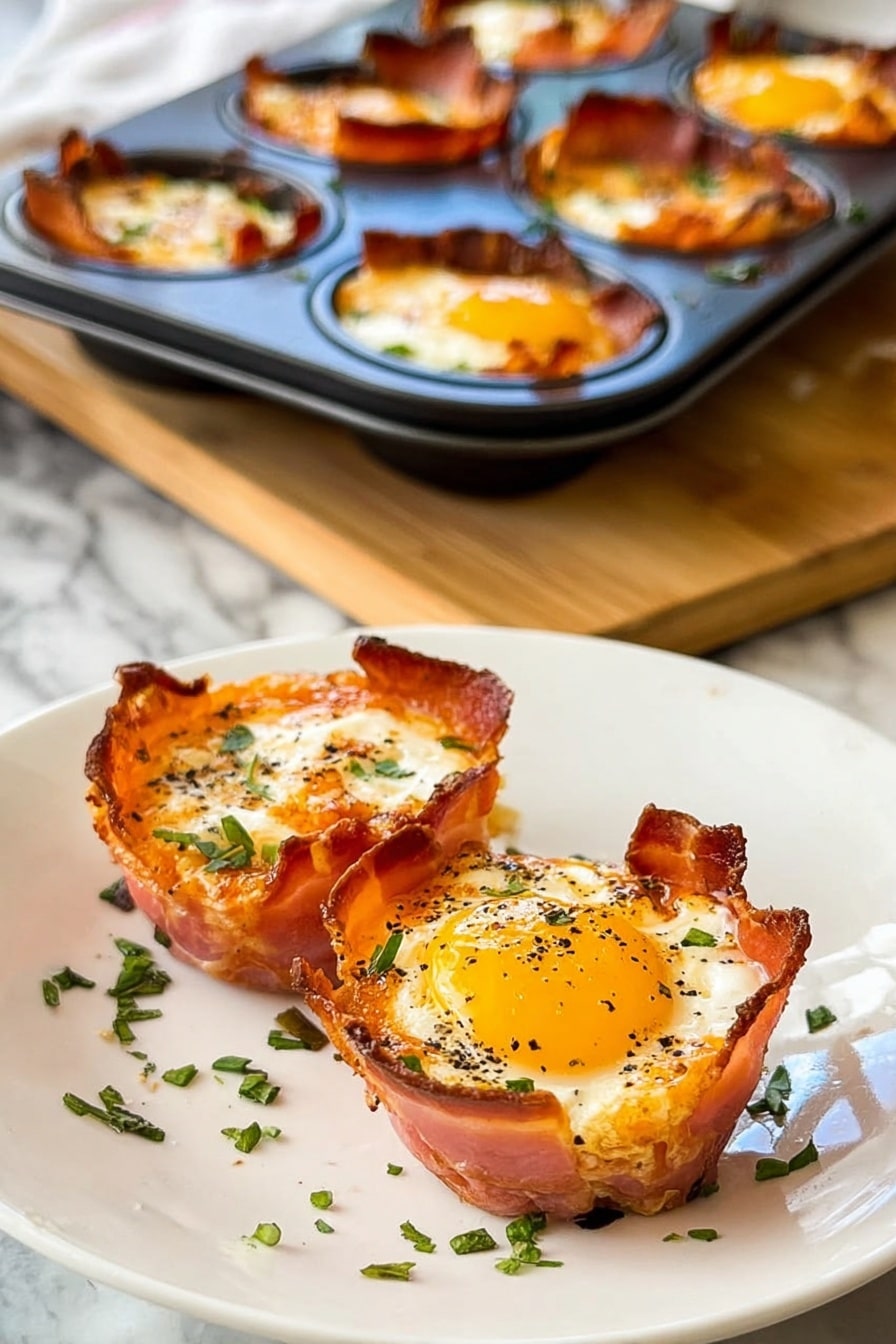 The image shows two mini egg and ham cups on a white plate with small green herb pieces scattered around. Each cup has three visible layers: the bottom and sides are made of crispy, golden-brown ham forming a cup shape; inside is a white, mostly cooked egg layer with some soft, shiny melted cheese on top; the final layer is a sunny yellow egg yolk, slightly cooked, covered with black pepper and herbs. Behind the plate, there is a black metal muffin tray with more cups still inside it on a wooden board, all placed on a white marbled surface. Photo taken with an iphone --ar 2:3 --v 7 - Ham and Egg Breakfast Cups, easy breakfast recipes, quick breakfast ideas, brunch recipe, savory breakfast cups
