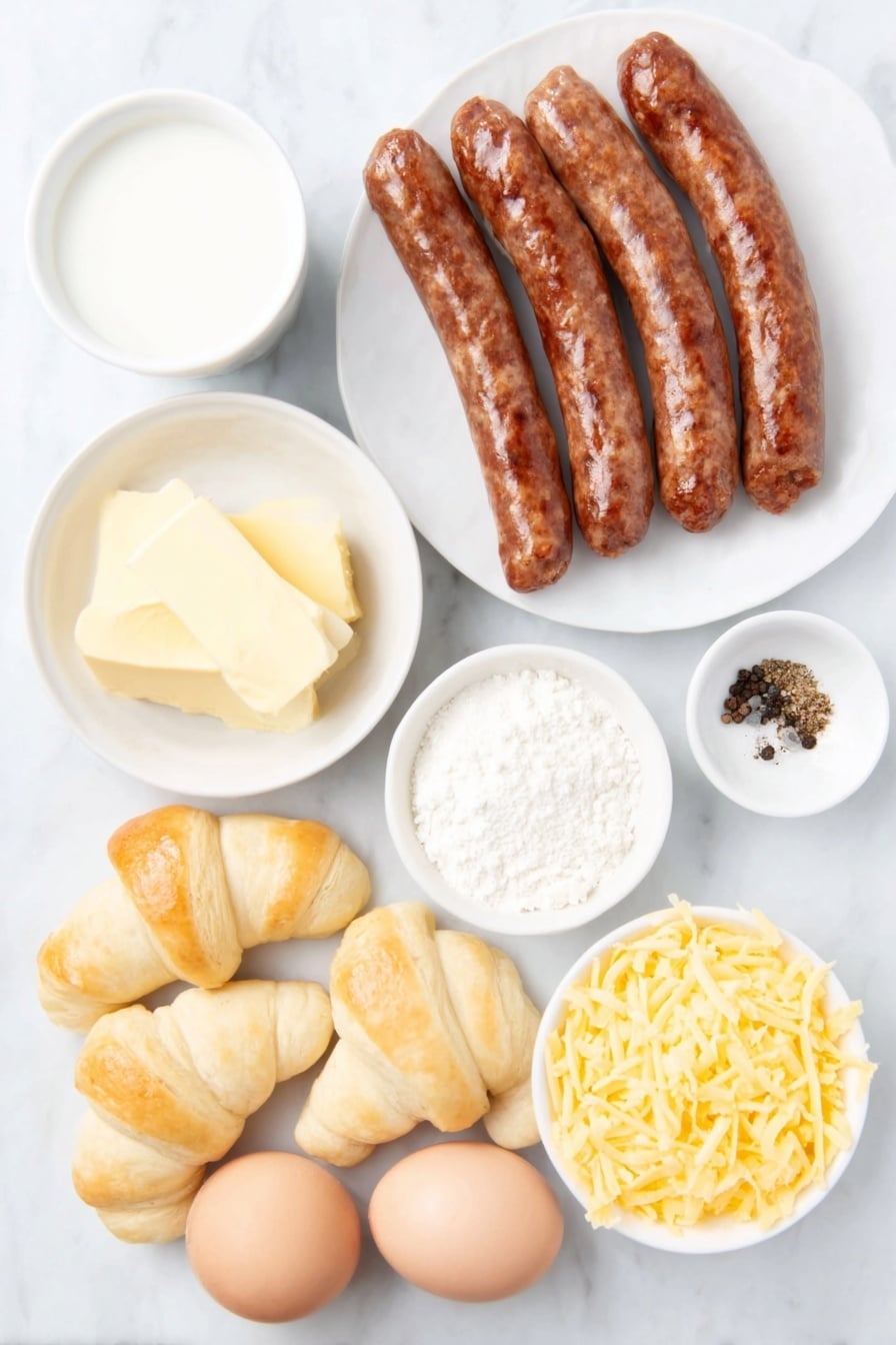 Flat lay of six cooked breakfast sausage links, four whole uncracked large brown eggs, a small white bowl of milk, a small white bowl of coarse salt and black peppercorns, a small white bowl of butter, a small white bowl filled with shredded bright orange cheddar cheese, and a simple white ceramic plate holding several unbaked crescent roll dough triangles, all arranged in perfect symmetry and balanced proportions, placed on a clean white marble surface, soft natural light, photo taken with an iPhone, professional food photography style, fresh ingredients, white ceramic bowls, no bottles, no duplicates, no utensils, no packaging --ar 2:3 --v 7 --p m7354615311229779997 - Cheddar Sausage Egg Breakfast Roll-Ups, breakfast roll-ups, easy breakfast recipes, savory breakfast ideas, quick morning breakfast