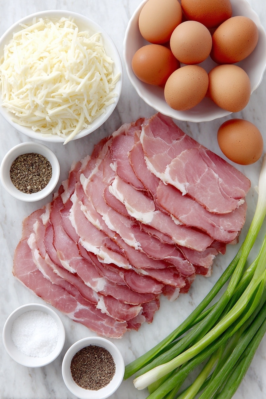 Ham and Cheese Egg Cups Recipe 7 Flat lay of twelve thin slices of fresh pink ham arranged in a gentle curve, twelve whole clean-shelled brown eggs, a small white ceramic bowl filled with soft white shredded mozzarella cheese, a small white bowl of coarse salt crystals, a small white bowl of freshly ground black pepper, and a small bunch of vibrant green onions with long crisp stalks, placed on a clean white marble surface, soft natural light, photo taken with an iPhone, professional food photography style, fresh ingredients, white ceramic bowls, no bottles, no duplicates, no utensils, no packaging --ar 2:3 --v 7 --p m7354615311229779997 - Ham and Cheese Egg Cups, easy breakfast egg cups, quick brunch recipes, healthy egg muffin cups, savory egg cup ideas