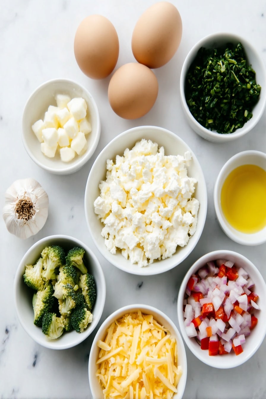 Flat lay of four whole uncracked brown eggs arranged evenly, a small white ceramic bowl of fresh small curds of cottage cheese, a small white bowl holding packed leafy baby spinach, a single peeled clove of garlic, a small white bowl filled with crumbled white feta cheese, a small white bowl of diced bright red roasted bell peppers, a small white bowl of crumbled soft white goat cheese, finely chopped fresh green broccoli florets in a small white bowl, grated sharp orange cheddar cheese in a small white bowl, thinly sliced pale yellow onion, freshly chopped green herbs including basil, chives, dill and parsley mixed together in a small white bowl, and small white bowls of golden olive oil, all placed on a clean white marble surface, soft natural light, photo taken with an iPhone, professional food photography style, fresh ingredients, white ceramic bowls, no bottles, no duplicates, no utensils, no packaging --ar 2:3 --v 7 --p m7354615311229779997 - Egg Bites with Cottage Cheese and Veggie Fillings, healthy egg bites, nutritious breakfast ideas, veggie egg bites, quick breakfast recipes