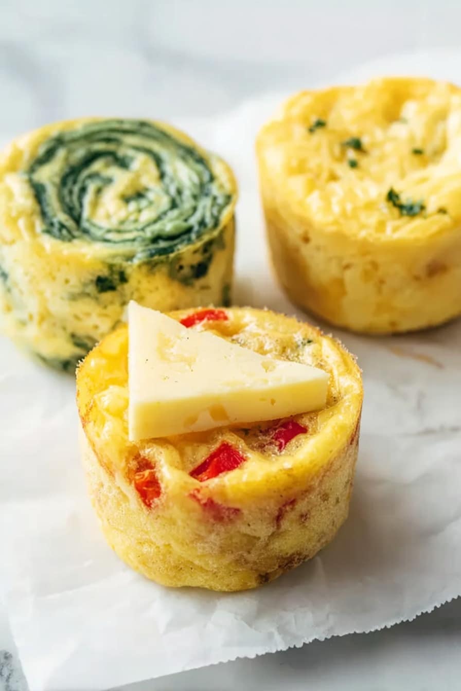 Three small yellow muffins with a slightly bumpy texture are placed in a triangle shape near the top center of a round white plate. Below them, near the bottom center of the plate, are around ten blueberries, some whole and some cut to show the greenish inside. The plate sits on a white marbled surface, and a white cloth with soft stripes is partially visible at the bottom right. The lighting is soft and natural, highlighting the colors and textures clearly. photo taken with an iphone --ar 2:3 --v 7 - Egg Bites with Cottage Cheese and Veggie Fillings, healthy egg bites, nutritious breakfast ideas, veggie egg bites, quick breakfast recipes