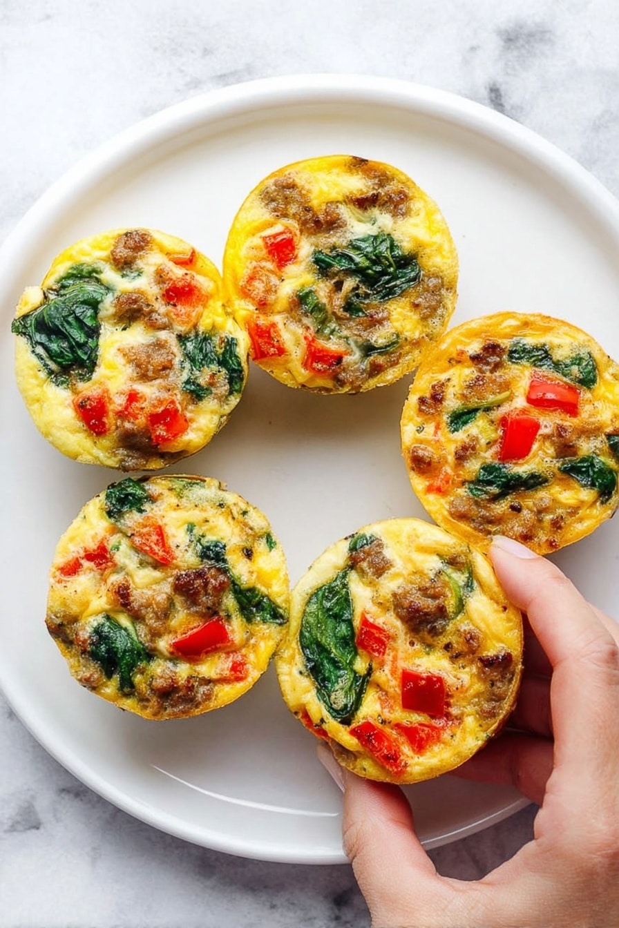 A white plate holds five small egg muffins arranged closely together. Each muffin has a base of golden, slightly puffy cooked eggs with visible textures. Scattered inside each are chunks of bright red bell pepper, dark green spinach leaves, and small pieces of brown sausage. The colors are mixed evenly throughout each muffin, giving a speckled look of red, green, and brown on the yellow egg background. A woman's hand is gently picking up one of the muffins from the right side of the plate. The plate sits on a white marbled surface. photo taken with an iphone --ar 2:3 --v 7 - Baked Egg Cups with Sausage and Spinach, healthy breakfast ideas, egg muffin cups with sausage, protein-packed breakfast, savory egg casserole cups