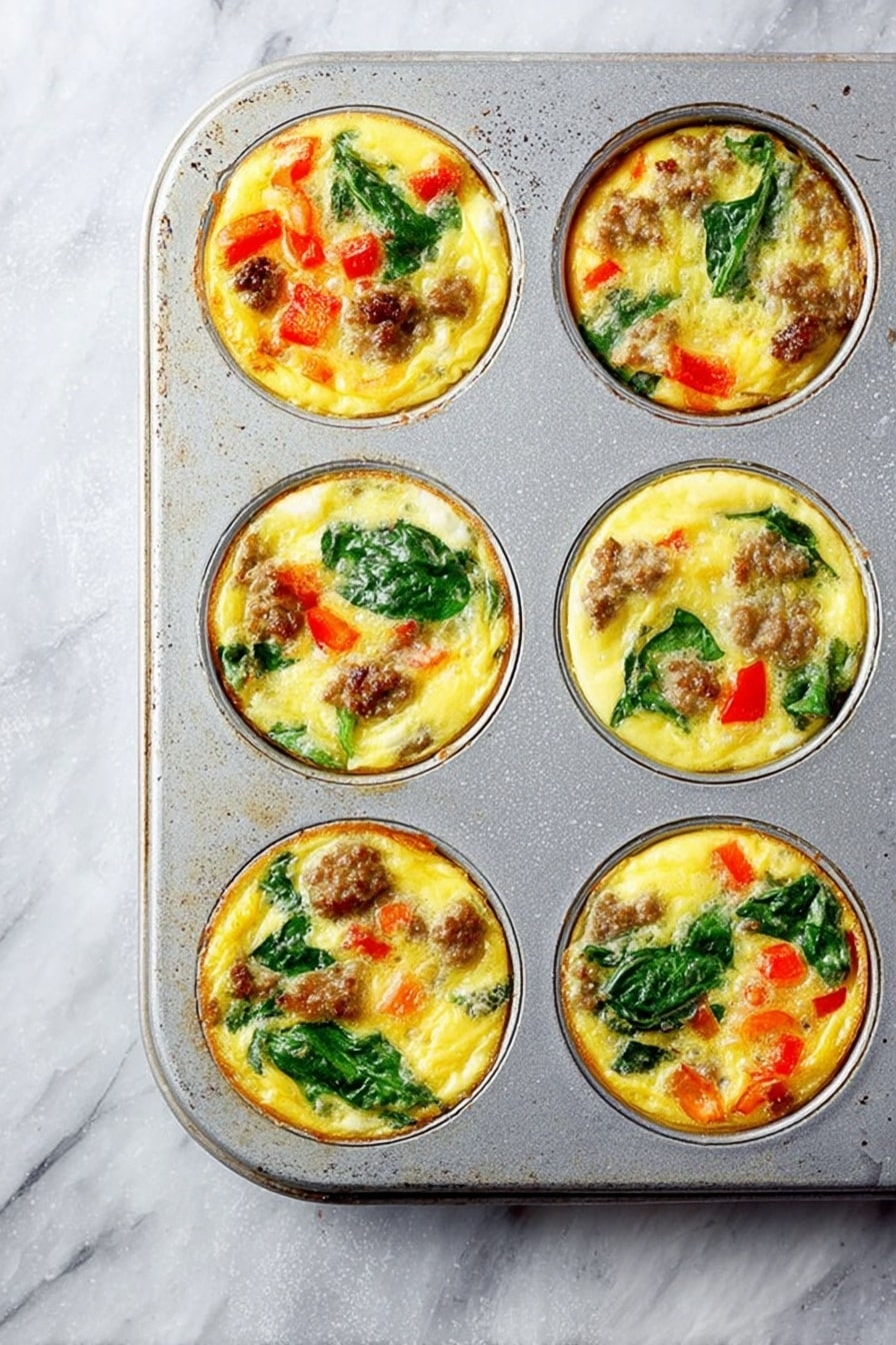 A metal muffin tray holds six round egg muffins, each filled with visible layers of fluffy yellow eggs, green spinach leaves, reddish-orange bell pepper pieces, and small brown sausage chunks scattered on top and inside. The muffins are cooked with a slightly browned surface, with the vegetables and meat embedded in the eggs evenly across each cup. The tray sits on a white marbled surface, with light scratches and a rustic look. photo taken with an iphone --ar 2:3 --v 7 - Baked Egg Cups with Sausage and Spinach, healthy breakfast ideas, egg muffin cups with sausage, protein-packed breakfast, savory egg casserole cups