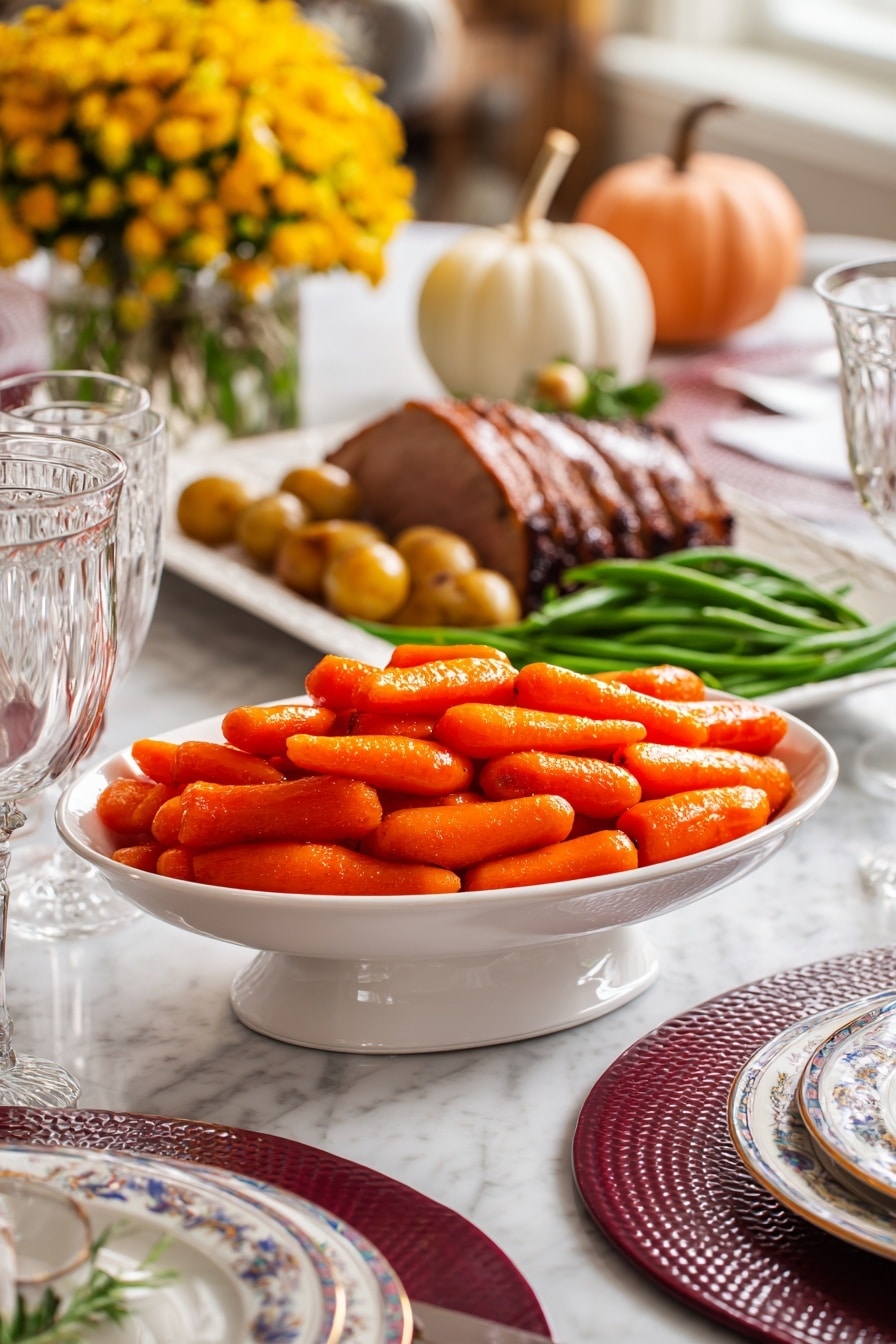Slow Cooker Maple Glazed Carrots Recipe 8 A white pedestal dish filled with a large pile of shiny, cooked baby carrots in bright orange color is placed at the center of a dining table. Behind it, a tray holds a sliced roasted meat with a browned crust, green beans, and small round potatoes on the side. The table is covered with a white tablecloth over a white marbled surface and set with white plates with a blue and gold rim on top of burgundy textured chargers. There are clear glass goblets and silver cutlery neatly arranged around the plates. Blurred yellow flowers in a vase and small pumpkins decorate the background. Photo taken with an iphone --ar 2:3 --v 7 - Slow Cooker Maple Glazed Carrots, Maple Glazed Carrots, Easy Carrot Side Dish, Healthy Vegetable Side, Holiday Carrot Recipes