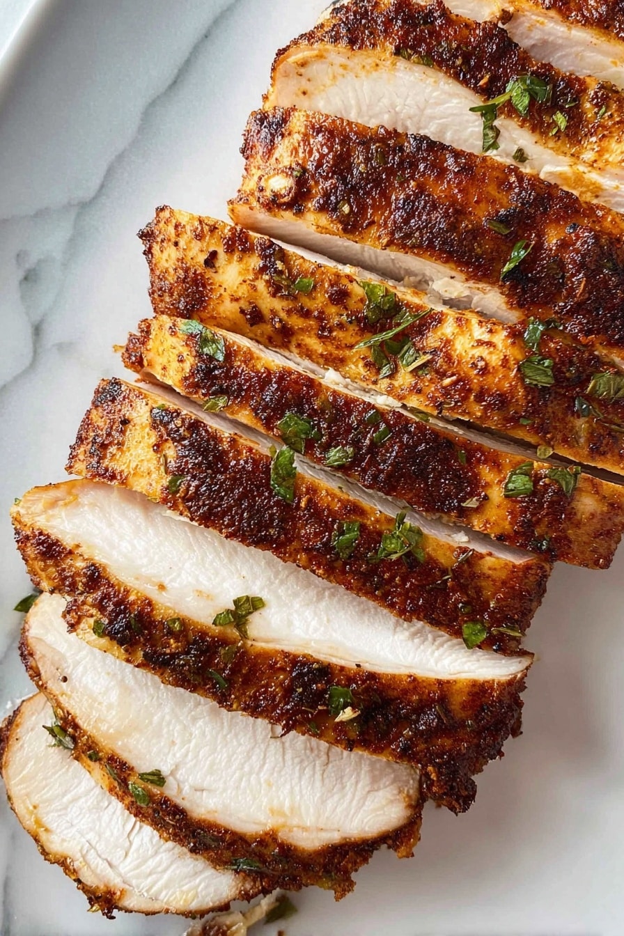 Slow Cooker Turkey Breast Recipe 8 The image shows a close-up of seven slices of cooked chicken arranged side by side on a white marbled surface. Each slice has a golden-brown, crispy outer layer with a slightly charred texture, while the inside is tender and white. Small green herb bits are sprinkled over the chicken, adding a fresh touch of color. The slices are evenly cut and slightly separated, showing the juicy interior clearly. Photo taken with an iphone --ar 2:3 --v 7 - Slow Cooker Turkey Breast, easy turkey breast recipe, juicy turkey breast crockpot, tender turkey dinner, holiday turkey slow cooker