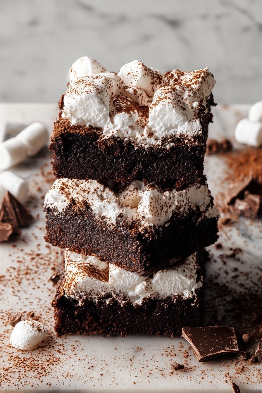 Three thick layers of dark, rich chocolate brownies are stacked on a white marbled surface. Each brownie has a top layer of fluffy white marshmallows unevenly puffed and dusted with a fine layer of cocoa powder that adds a dark brown speckled pattern across the white marshmallows. The brownies appear moist and dense, contrasting with the soft and airy texture of the marshmallows. Around the brownies, scattered pieces of chocolate and cocoa powder add texture and depth to the scene. The photo taken with an iphone --ar 2:3 --v 7 - Hot Chocolate Brownies with Marshmallow Frosting, chocolate brownie dessert, marshmallow frosting recipe, cozy chocolate dessert, fudgy brownie with marshmallow topping