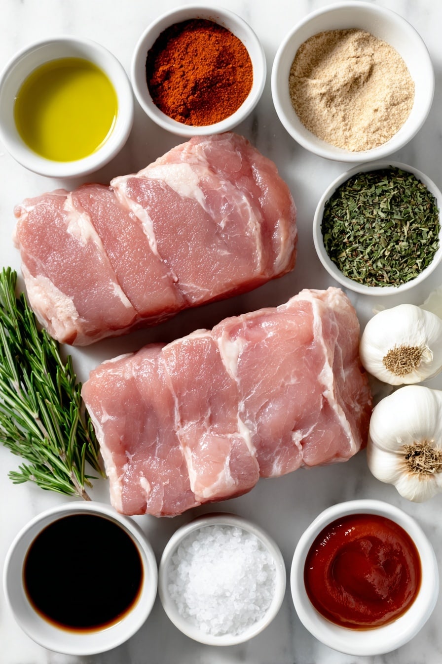 Flat lay of two raw pork tenderloins with smooth pinkish meat and a thin layer of fat, a small white bowl of golden olive oil, a small white bowl filled with bright red-orange paprika powder, a small white bowl containing pale beige garlic powder, a small white bowl holding light tan onion powder, a small white bowl of dried green thyme leaves, a small white bowl of dried rosemary sprigs, a small white bowl of coarse salt crystals, a small white bowl of freshly ground black pepper, four fresh garlic cloves with papery white skin, a small white bowl of amber honey, a small white bowl of vibrant red Sriracha sauce, a small white bowl of dark brown soy sauce, a small white bowl of smooth pale yellow Dijon mustard, all arranged symmetrically on a clean white marble surface, soft natural light, photo taken with an iPhone, professional food photography style, fresh ingredients, white ceramic bowls, no bottles, no duplicates, no utensils, no packaging --ar 2:3 --v 7 --p m7354615311229779997 - Juicy Pork Tenderloin Roast, pork tenderloin recipes, flavorful pork roast, easy pork roast ideas, tender pork main dish