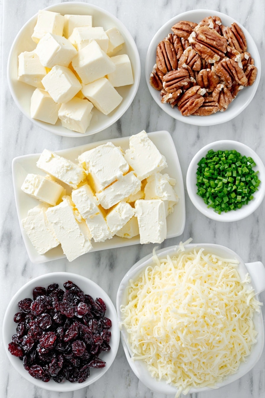 Flat lay of full fat cream cheese in a small white ceramic bowl, roughly diced dried cranberries scattered neatly, roughly chopped pecans arranged in a small white ceramic bowl, finely diced fresh green chives in a small white ceramic bowl, grated mature sharp cheddar cheese piled in a small white ceramic bowl, all ingredients displayed with perfect symmetry on a clean white marble surface, soft natural light, photo taken with an iPhone, professional food photography style, fresh ingredients, white ceramic bowls, no bottles, no duplicates, no utensils, no packaging --ar 2:3 --v 7 --p m7354615311229779997 - Cranberry Pecan Cheese Log, Cranberry Pecan Cheese Log, festive cheese appetizer, easy cheese log recipe, holiday party appetizer