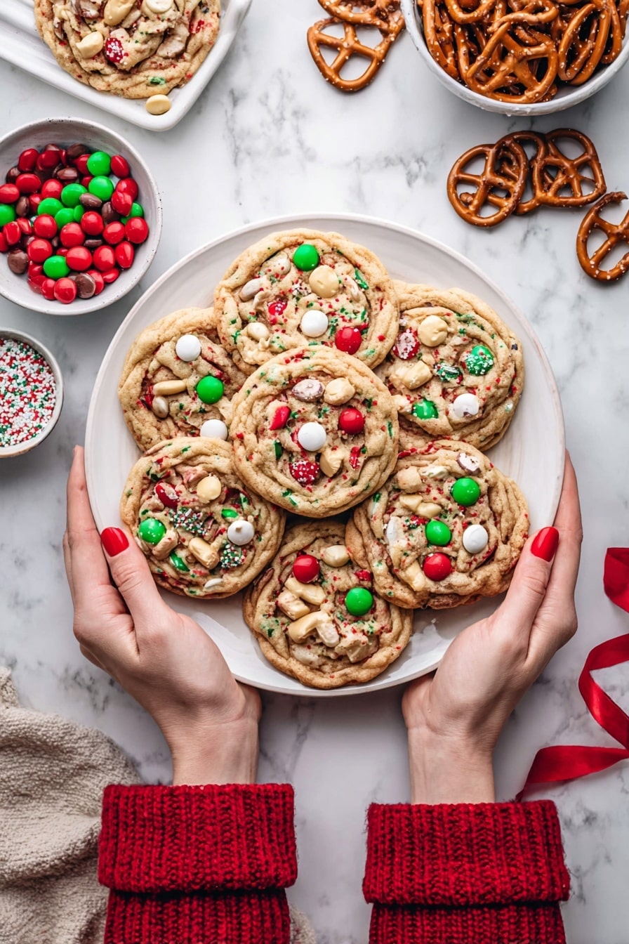 A white plate filled with about ten round cookies, each cookie featuring a mix of red and green candy-coated chocolates, white chocolate chips, red and green sprinkles, and small pieces of pretzels embedded in the golden-brown dough. The cookies overlap slightly, showing a textured surface with colorful bits all around. A woman's hands wearing a red sweater with red nail polish hold the plate on both sides. Around the plate, on a white marbled surface, there are a few loose pretzels and three small white bowls—one filled with brown pretzels, another with red and green candy-coated chocolates, and the last with white chocolate chips. A red ribbon lies near the woman's right wrist. photo taken with an iphone --ar 2:3 --v 7 - Christmas Cookie Sinkers without recipe, holiday cookie recipes, festive cookies with M&Ms and chips, easy Christmas cookies, colorful holiday treats
