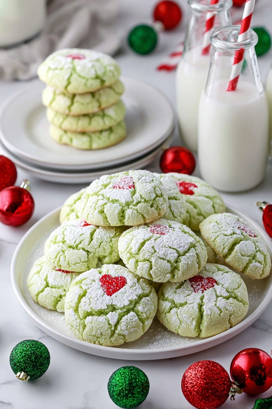 The image shows a large white plate full of light green cookies with cracked surfaces dusted with white powdered sugar. Each cookie has a tiny red heart decoration in the center. Behind the main plate, there is a white plate with more cookies stacked on it. The scene is set on a white marbled surface scattered with red and green Christmas ornaments and red-striped straws. Two glass bottles of milk with red-striped straws are visible in the background, adding to the festive look. Photo taken with an iphone --ar 2:3 --v 7 - Grinch Peppermint Cookies, peppermint holiday cookies, green Christmas cookies, easy festive cookie recipe, minty holiday treats