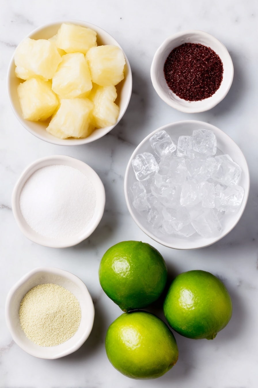 Flat lay of two small white ceramic bowls—one filled with bright yellow pineapple chunks and one with pale yellow frozen lemonade concentrate; a small white bowl of granulated white sugar; a small white bowl of fine red sanding sugar; a few fresh green limes, whole and uncut; a small white bowl with greenish-yellow lemon-lime Kool-Aid powder; a simple white ceramic pitcher filled with clear ice cubes; a small white bowl of clear sparkling Sprite soda—all arranged in perfect symmetry and realistic proportions, placed on a clean white marble surface, soft natural light, photo taken with an iPhone, professional food photography style, fresh ingredients, white ceramic bowls, no bottles, no duplicates, no utensils, no packaging --ar 2:3 --v 7 --p m7354615311229779997 - Festive Grinch Punch, green holiday punch, Christmas party drinks, holiday festive drinks, easy holiday punch