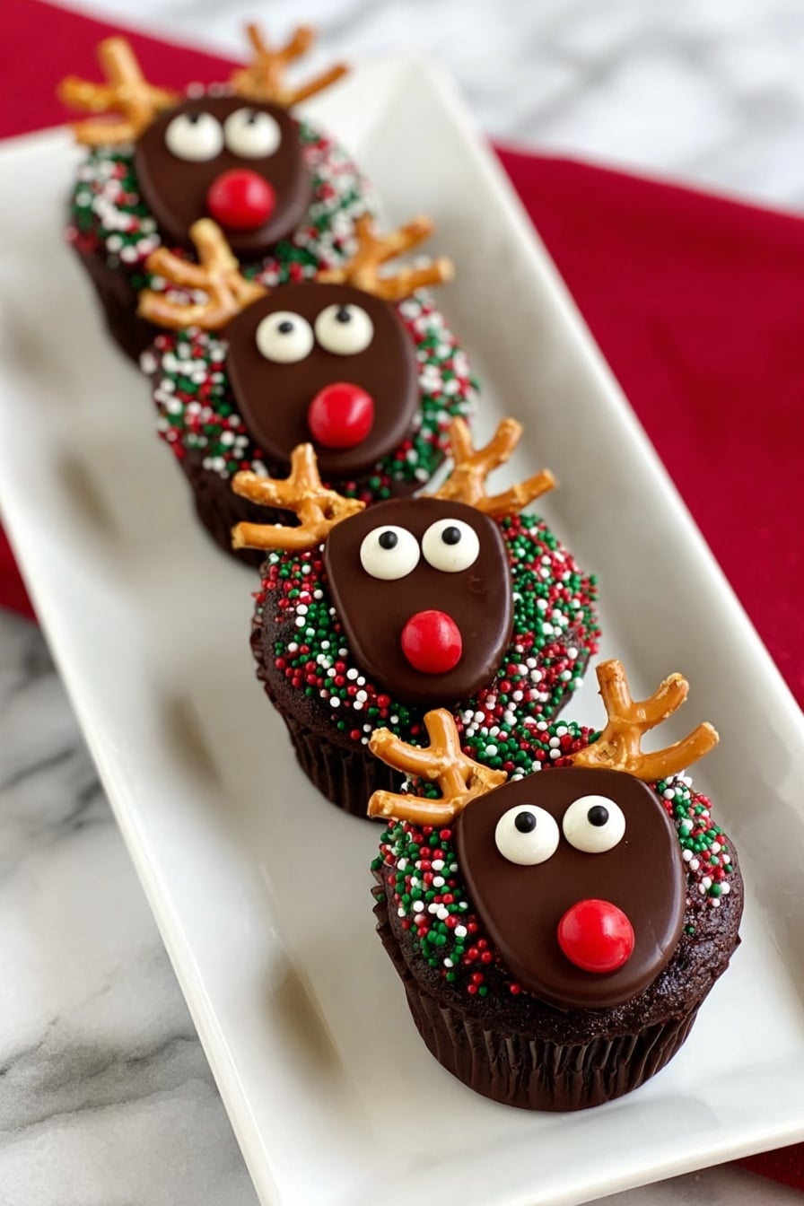 Rudolph Cupcakes with Chocolate and Pretzel Antlers Recipe
