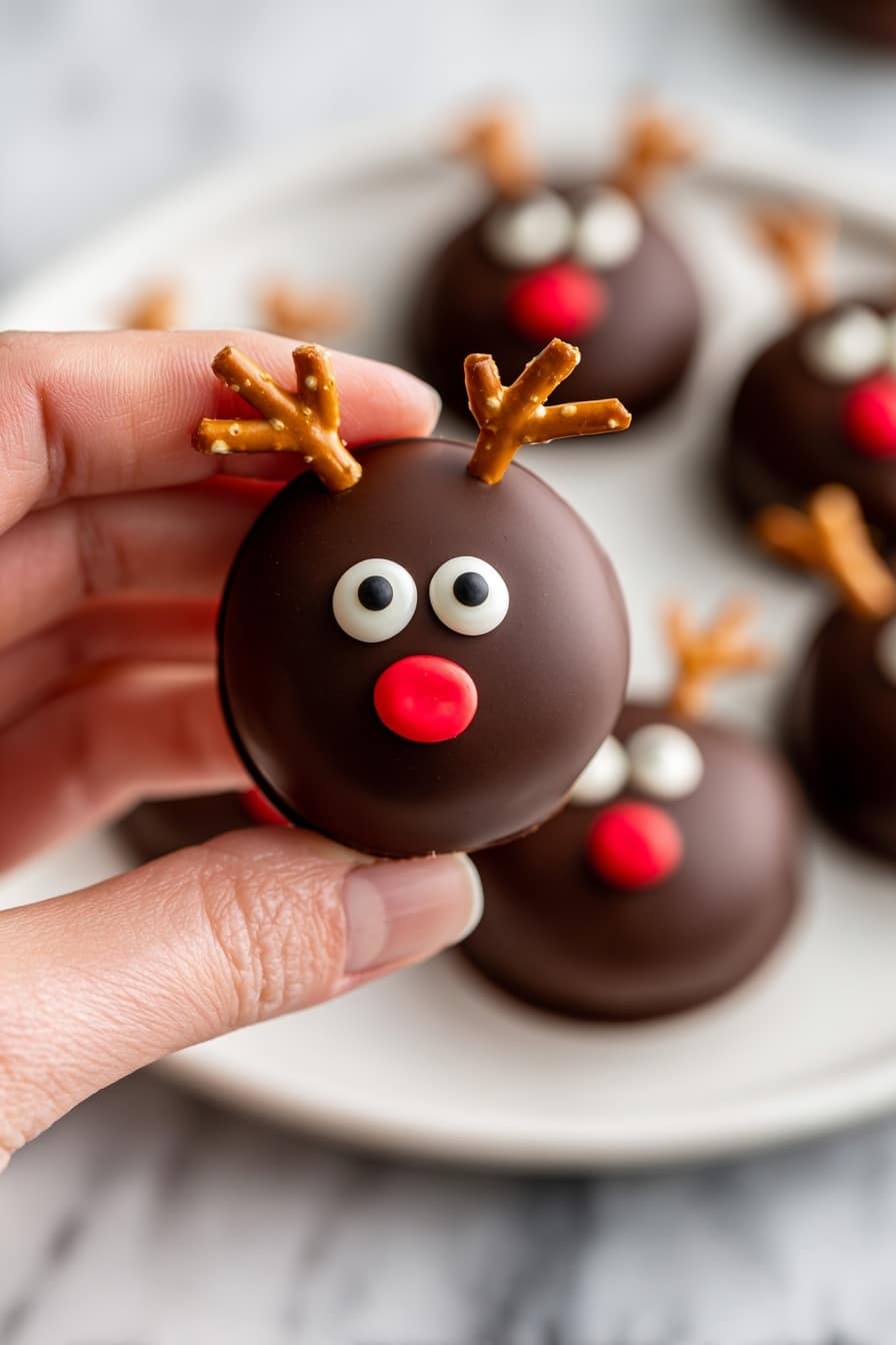 Seven round chocolate donuts are arranged in a circle on a white plate with a white marbled background. Each donut is covered with shiny dark chocolate glaze. They have two small white candy eyes placed near the top and a single red candy nose in the center. Thin pretzel sticks are inserted on both sides of each donut, looking like reindeer antlers. The donuts are evenly spaced, forming a neat ring. photo taken with an iphone --ar 2:3 --v 7 - Chocolate Frosted Reindeer Donuts, festive holiday donuts, reindeer decorated donuts, easy Christmas treats, holiday donut recipes