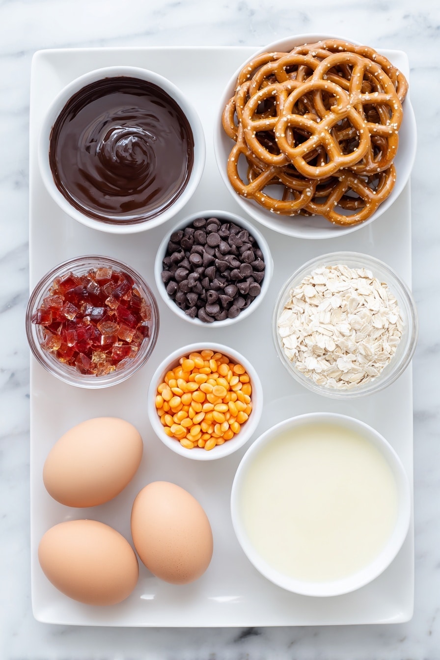 Flat lay of a small bowl of smooth red candy melts, a few glossy fruit roll strips in red and orange hues, a small bowl of melted white chocolate, a neat stack of golden pretzel rings, a small white bowl filled with tiny dark mini chocolate chips, a small white bowl with bright orange candy-coated sunflower seeds, two whole brown eggs with clean shells, and a fine black food coloring marker pen, all arranged with perfect symmetry on a simple white ceramic plate and bowls, placed on a clean white marble surface, soft natural light, photo taken with an iPhone, professional food photography style, fresh ingredients, white ceramic bowls, no bottles, no duplicates, no utensils, no packaging --ar 2:3 --v 7 --p m7354615311229779997 - Frosty Snowman Pretzels, festive holiday treats, snowman pretzels, holiday party snacks, adorable Christmas treats
