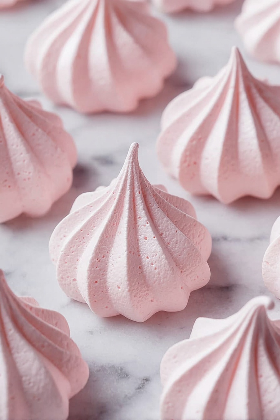 The image shows several small, light pink meringue cookies arranged on a white marbled surface. Each meringue has a swirl shape with a pointed tip at the top, and the texture looks smooth with soft ridges running from the base to the peak. The meringues are evenly spaced, giving a neat and delicate look. The light shines evenly on the cookies, highlighting their soft pastel pink color and smooth, airy texture. photo taken with an iphone --ar 2:3 --v 7 - Simple Meringue Cookies, meringue cookies, easy meringue treats, crispy chewy cookies, beginner meringue recipe