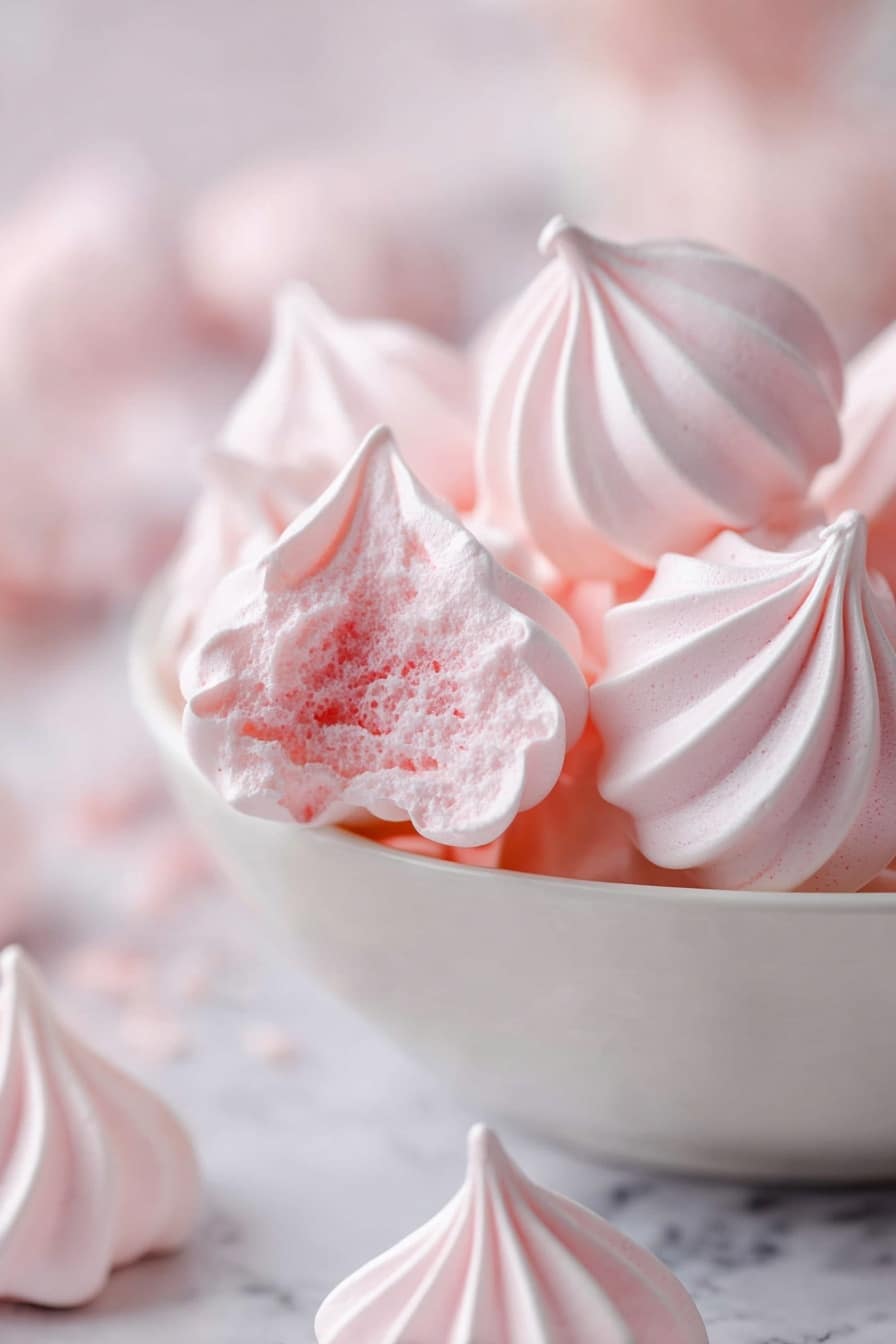 A white bowl filled with several pale pink meringue cookies that have a light, airy texture with swirled, pointed tops; one meringue shows a bite revealing a soft, slightly crumbly inside with a deeper pink hue, while the rest remain whole, smooth, and glossy. The bowl sits on a white marbled surface with more meringues softly blurred in the background, creating a delicate and light atmosphere. photo taken with an iphone --ar 2:3 --v 7 - Simple Meringue Cookies, meringue cookies, easy meringue treats, crispy chewy cookies, beginner meringue recipe