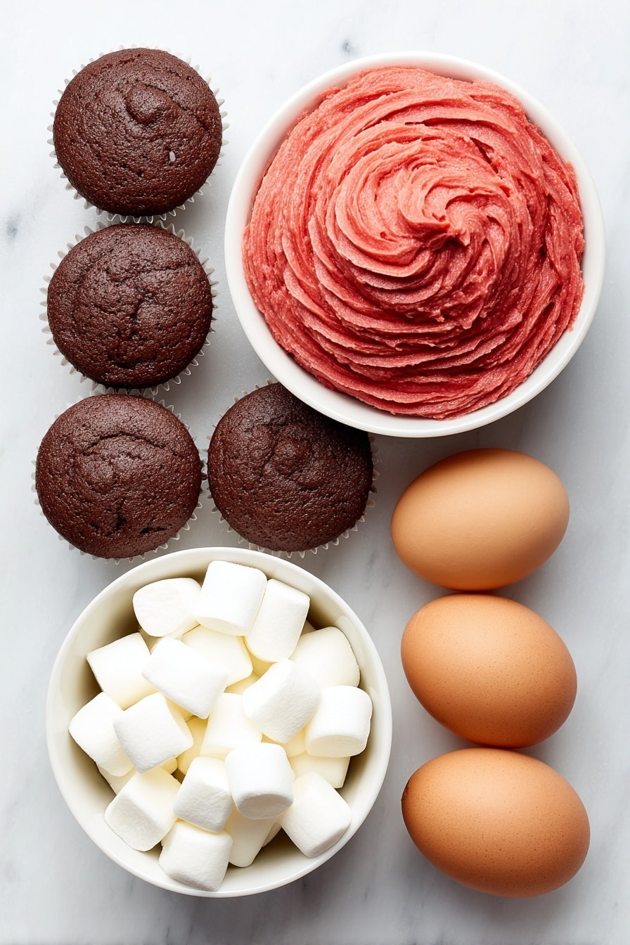 Flat lay of a dozen plain chocolate cupcakes arranged symmetrically, a smooth mound of vibrant red frosting piled high on one, a small white ceramic bowl filled with bright red frosting, a simple white ceramic bowl holding mini marshmallows cut in half showing their fluffy white interior, and two whole uncracked brown eggs, all placed on a clean white marble surface, soft natural light, photo taken with an iPhone, professional food photography style, fresh ingredients, white ceramic bowls, no bottles, no duplicates, no utensils, no packaging --ar 2:3 --v 7 --p m7354615311229779997 - Santa Hat Cupcakes with Mini Marshmallows, festive holiday cupcakes, adorable Christmas treats, easy holiday baking ideas, Christmas cupcake recipes