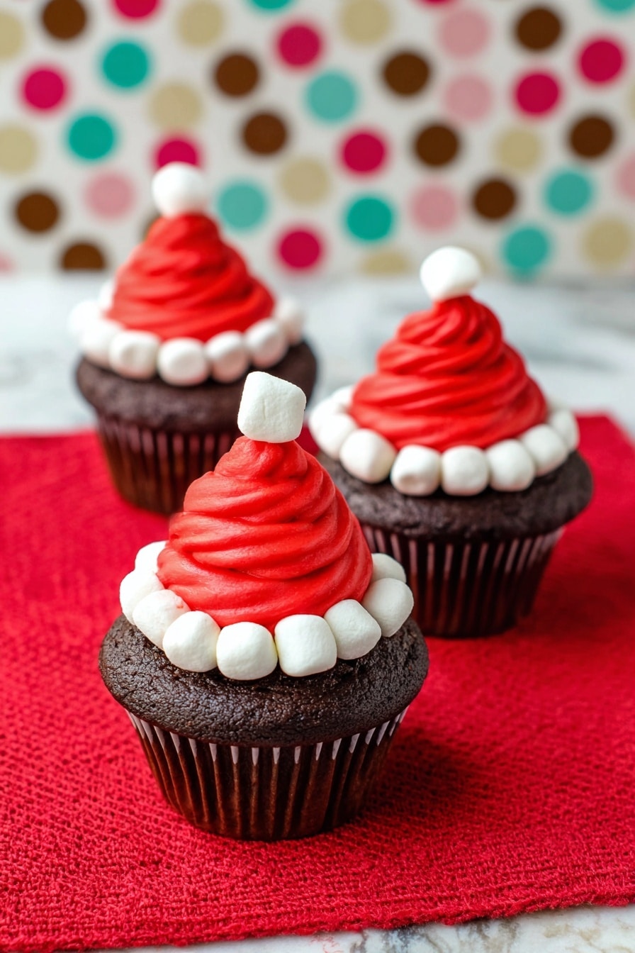 The image shows three chocolate cupcakes placed on a bright red textured cloth. Each cupcake has a base layer of dark brown chocolate cake with a ribbed texture from the cupcake liner. On top, there is a swirl of smooth, bright red frosting shaped like a Santa hat. Surrounding the base of the red frosting are small, white marshmallows forming a ring. Each swirl is finished with a single white marshmallow on the tip to complete the Santa hat look. The background has a white marbled surface with a colorful polka dot pattern in brown, red, pink, green, and yellow. photo taken with an iphone --ar 2:3 --v 7 - Santa Hat Cupcakes with Mini Marshmallows, festive holiday cupcakes, adorable Christmas treats, easy holiday baking ideas, Christmas cupcake recipes
